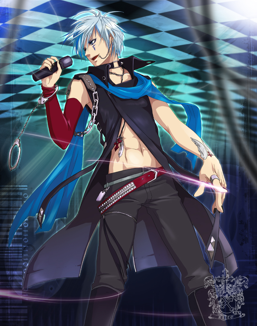 momopanda, isamine kaito, kaito (vocaloid), vocaloid, silver hair, 1boy, blue eyes, blue scarf, chain, cuffs, ear piercing, handcuffs, male focus, microphone, piercing, scarf, short hair, solo, tattoo