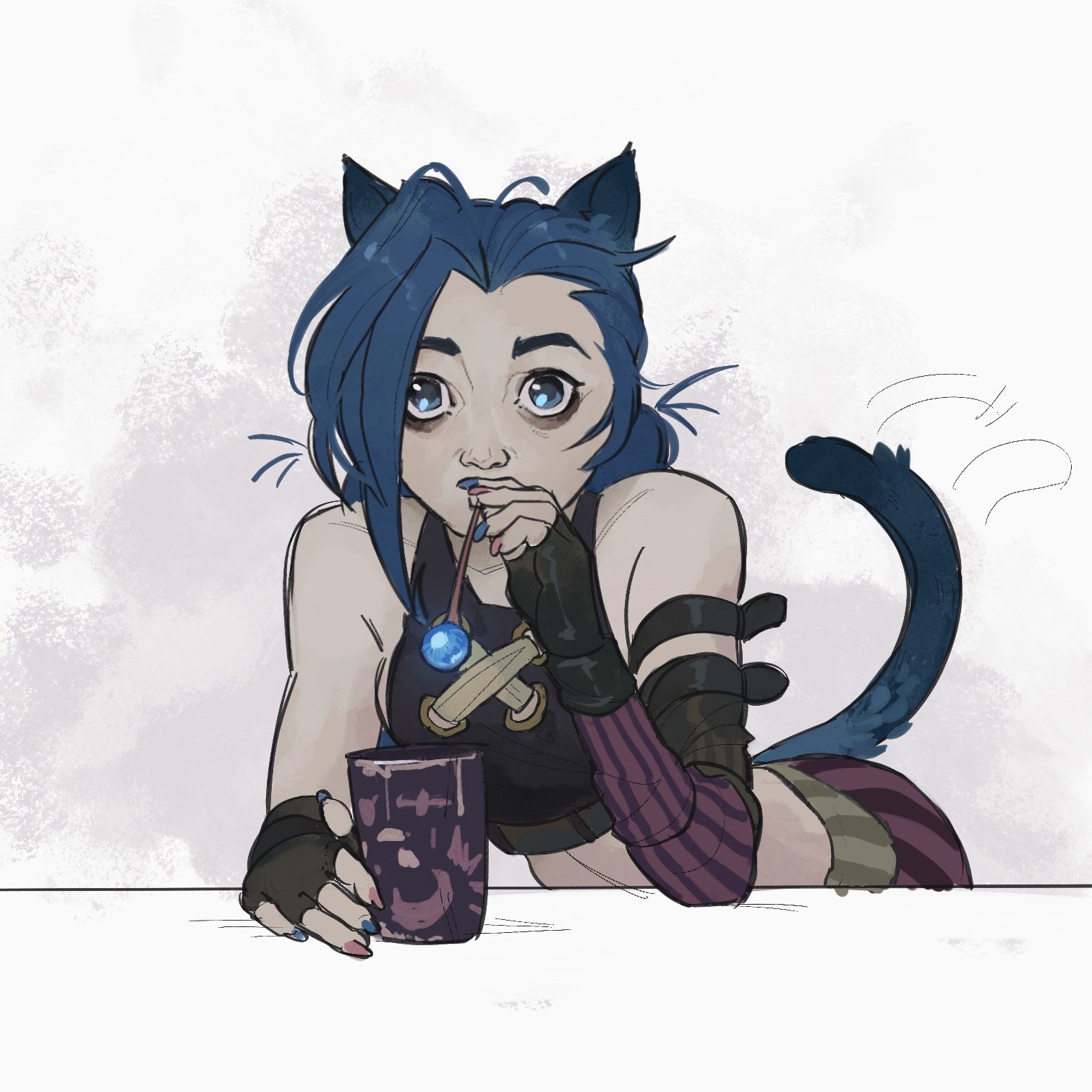 lssdog, arcane jinx, jinx (league of legends), arcane: league of legends, league of legends, highres, 1girl, animal ears, black gloves, blue eyes, cat ears, cat girl, cat tail, crop top, drinking straw, elbow on table, fingerless gloves, gloves, holding, holding drinking straw, kemonomimi mode, leaning forward, long hair, multicolored nails, no pupils, simple background, solo, tail, tail wagging, white background, wide-eyed