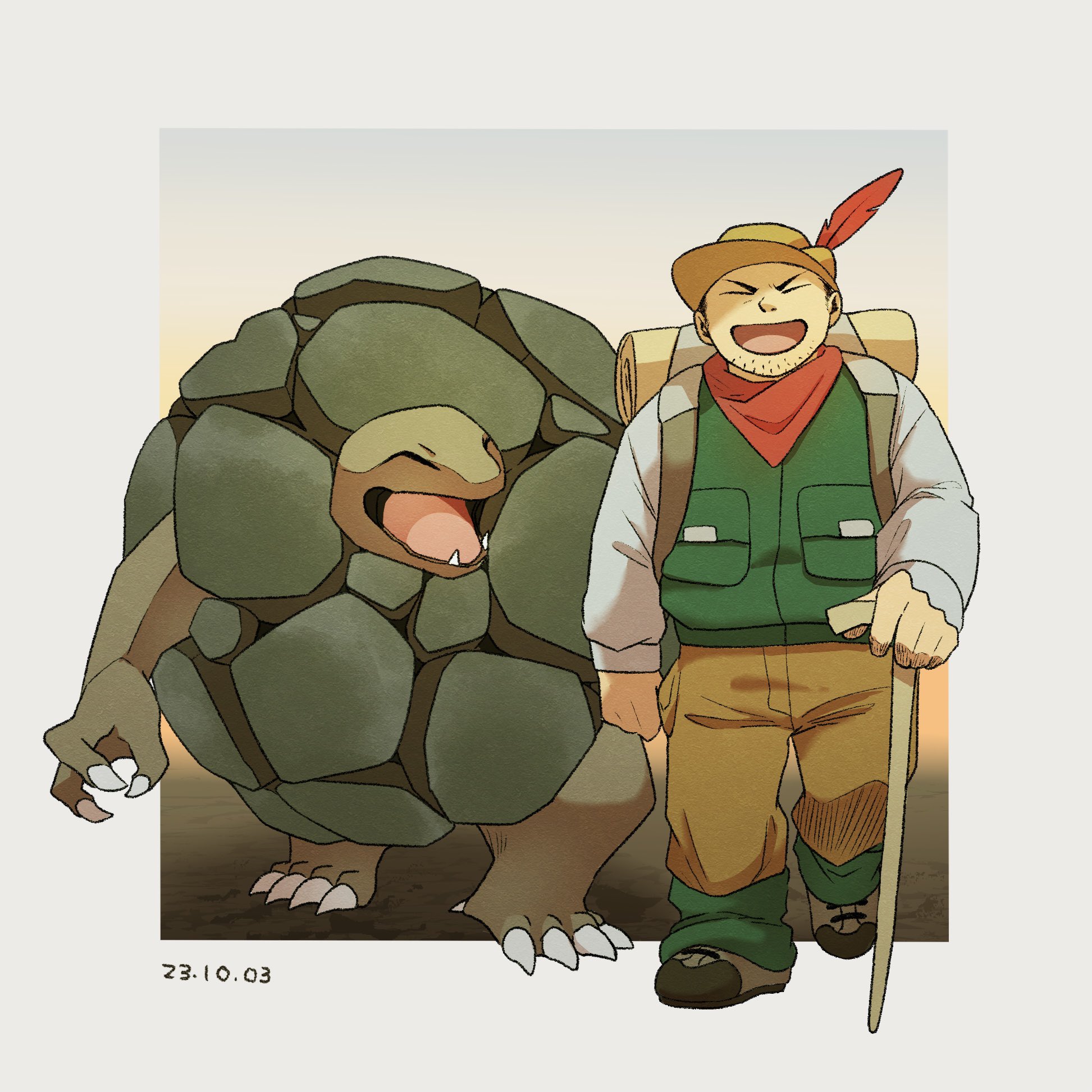 hotarubi (bugkhdu), golem (pokemon), hiker (pokemon), nintendo, pokemon, pokemon rse, highres, 1boy, backpack, bag, brown pants, cane, closed eyes, dated, facial hair, feathers, gen 1 pokemon, green vest, grey shirt, hat feather, hiker (pokemon rse), holding, holding cane, open clothes, open mouth, pants, pokemon (creature), red feathers, shirt, stubble, vest