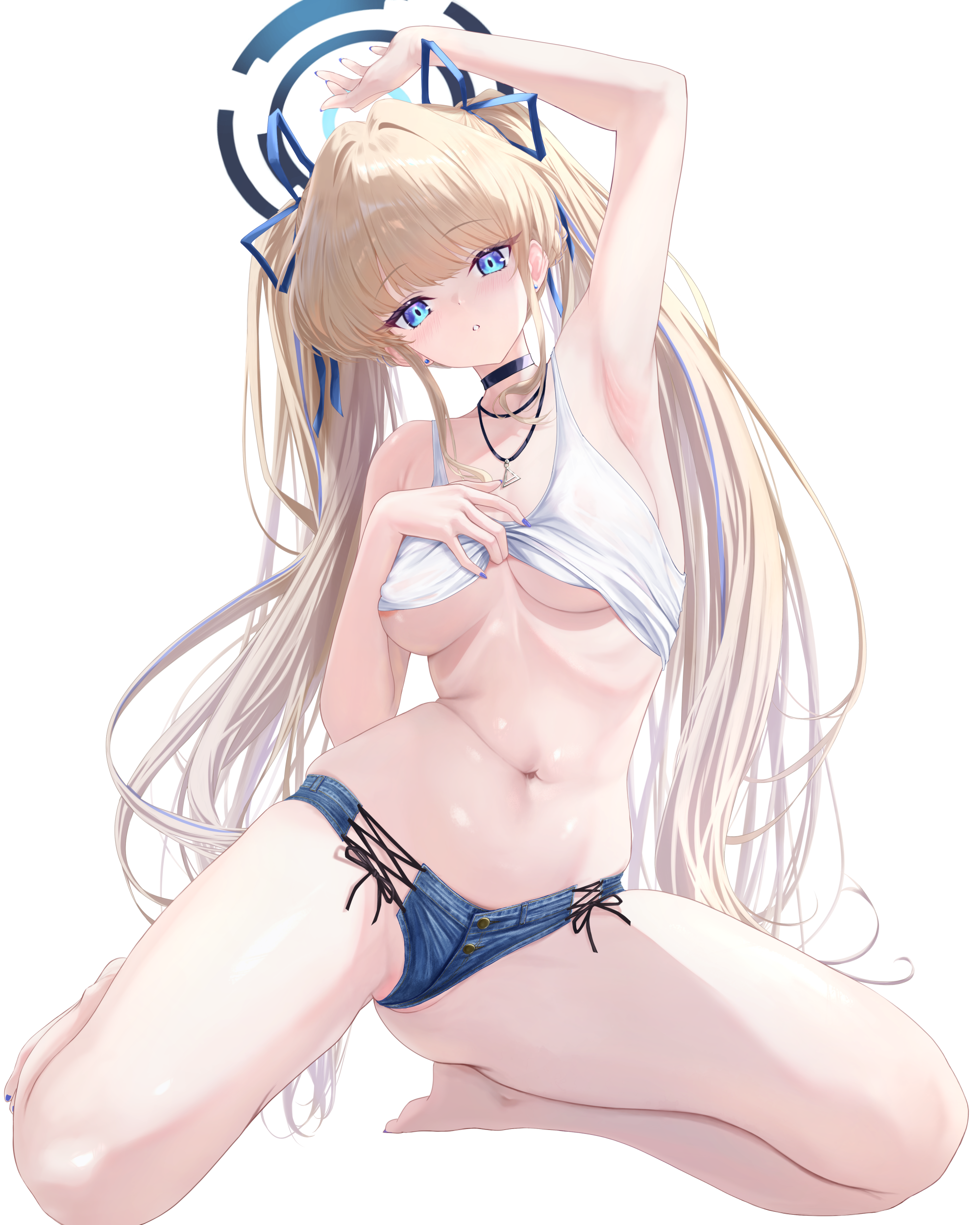 noa (skae3323), toki (blue archive), blue archive, absurdres, commentary request, highres, variant set, 1girl, alternate costume, alternate hairstyle, arm up, armpits, blonde hair, blue eyes, blue hair, blue halo, blue nails, braid, breasts, camisole, halo, long hair, looking at viewer, medium breasts, multicolored hair, navel, presenting armpit, simple background, solo, stomach, streaked hair, thighs, twintails, two-tone hair, white background, white camisole