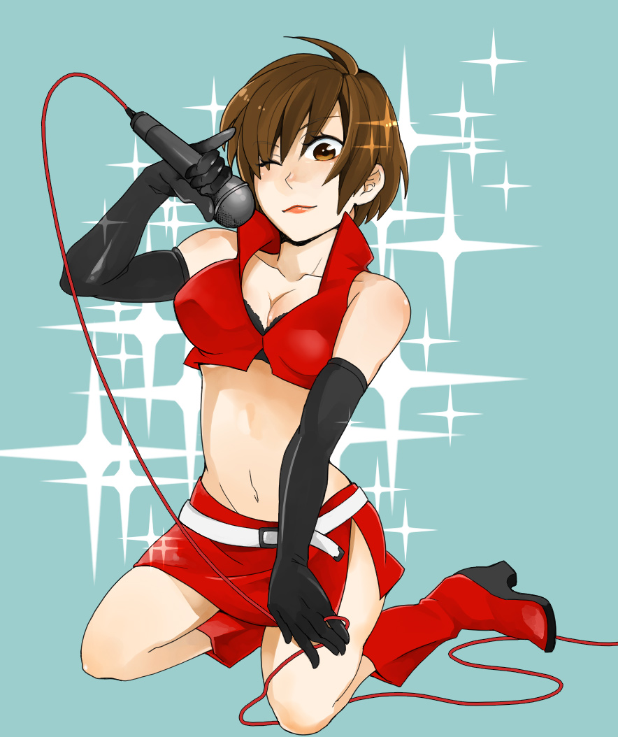 azsio, nn nn, meiko (vocaloid), vocaloid, 1girl, belt, boots, breasts, brown eyes, brown hair, cleavage, elbow gloves, female focus, gloves, high heels, lipstick, makeup, microphone, midriff, one eye closed, pencil skirt, shoes, short hair, skirt, solo, wink