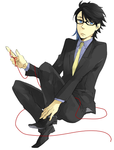 azsio, nn nn, kamen rider den-o, nogami ryoutarou, urataros, uratarosu, kamen rider, kamen rider den-o (series), bad id, bad pixiv id, 1boy, blue eyes, formal clothes, glasses, male focus, necktie, short hair, solo, string, suit