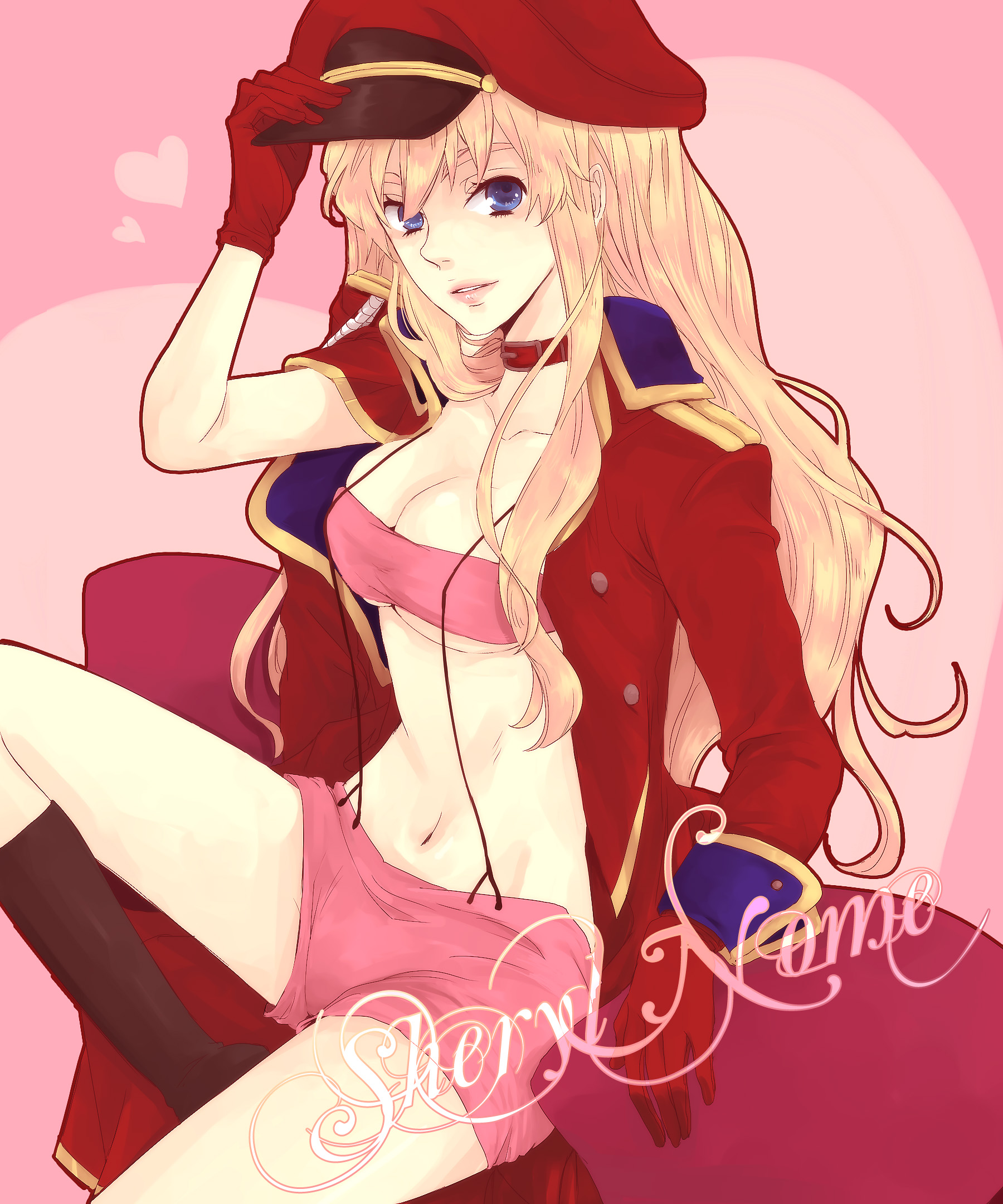 akieru nomaki, sheryl nome, macross, macross frontier, highres, 00s, 1girl, bandeau, blonde hair, blue eyes, choker, coat, female focus, gloves, hat, lipstick, makeup, midriff, peaked cap, shorts, solo, strapless, suspenders, trench coat, tube top