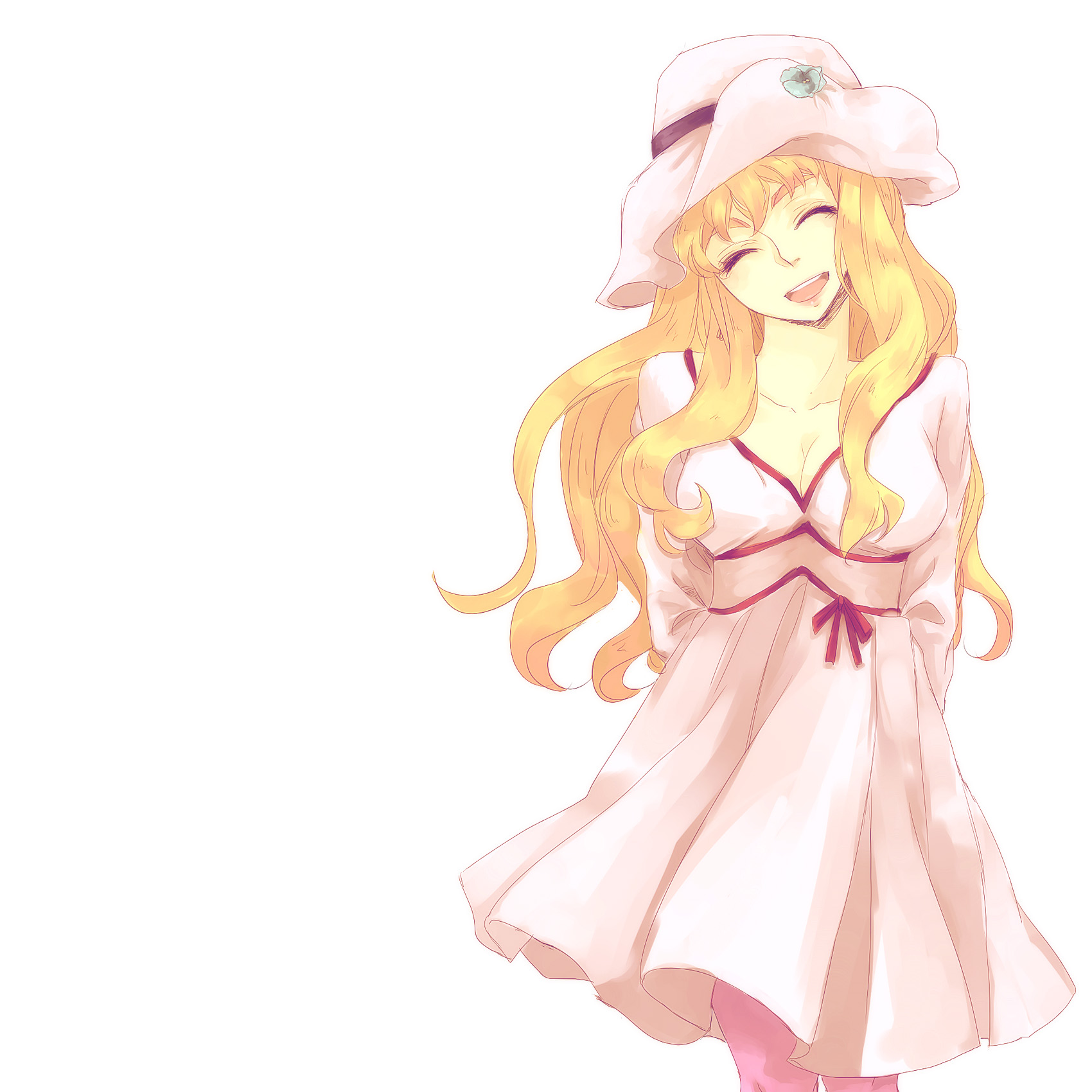 akieru nomaki, sheryl nome, macross, macross frontier, bad id, bad pixiv id, highres, 00s, blonde hair, closed eyes, dress, hat, smile, solo, wavy hair