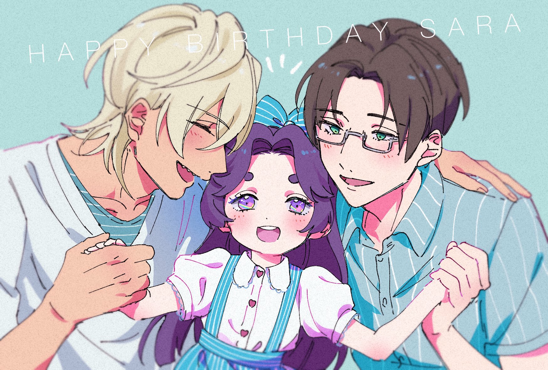 akutsu mabu, azuma sara, niiboshi reo, sarazanmai, highres, 1girl, 2boys, apron, blonde hair, blue apron, blue background, blue shirt, blush, brown hair, buttons, character name, collared shirt, hand on another's shoulder, happy birthday, holding hands, multiple boys, open mouth, puffy short sleeves, puffy sleeves, purple eyes, purple hair, rectangular eyewear, shaaark rotta03, sharp teeth, shirt, short sleeves, teeth, white shirt