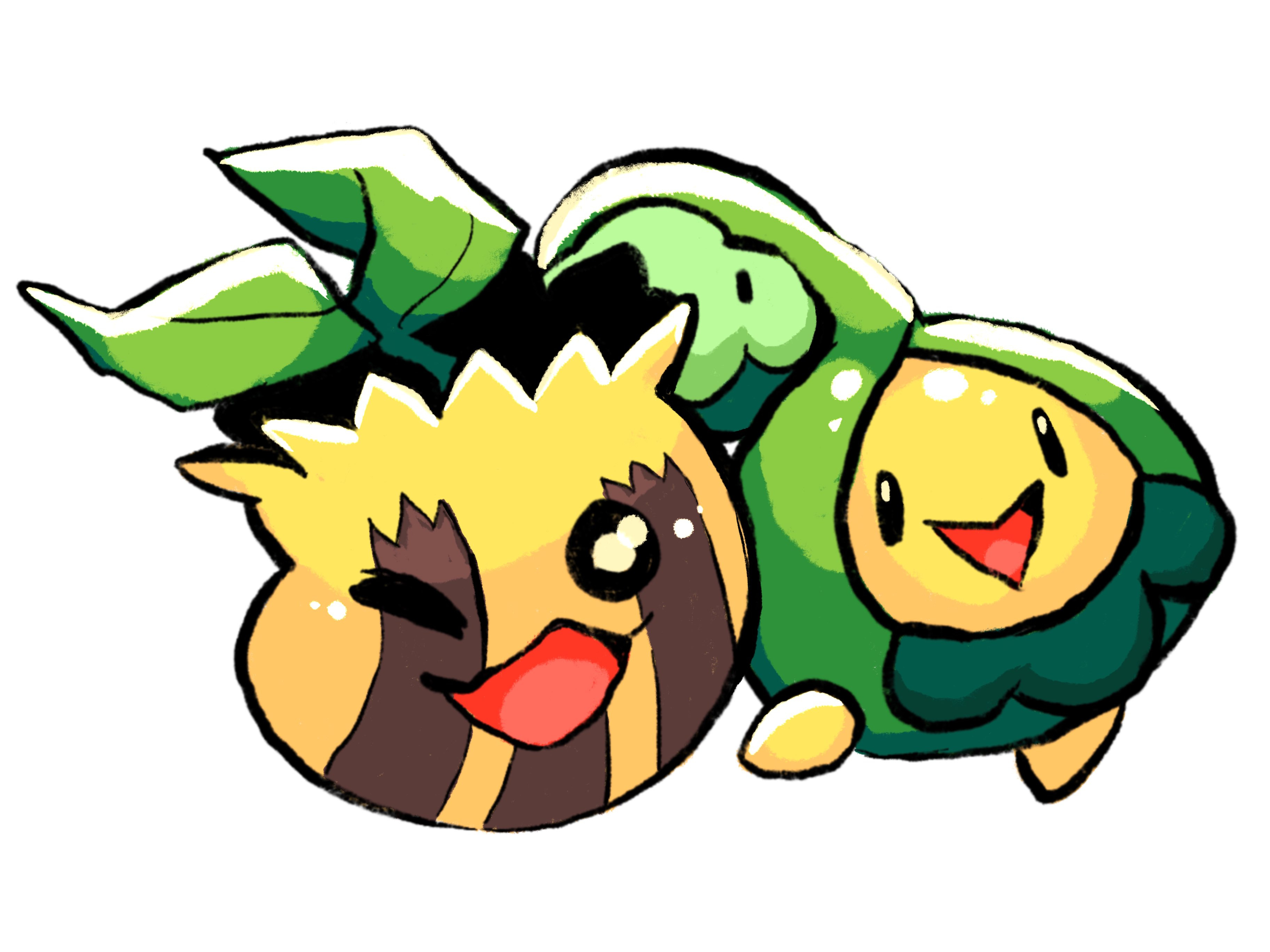 budew, sunkern, nintendo, pokemon, absurdres, highres, gen 2 pokemon, gen 4 pokemon, kahellelikha, no humans, one eye closed, open mouth, pokemon (creature), simple background, white background