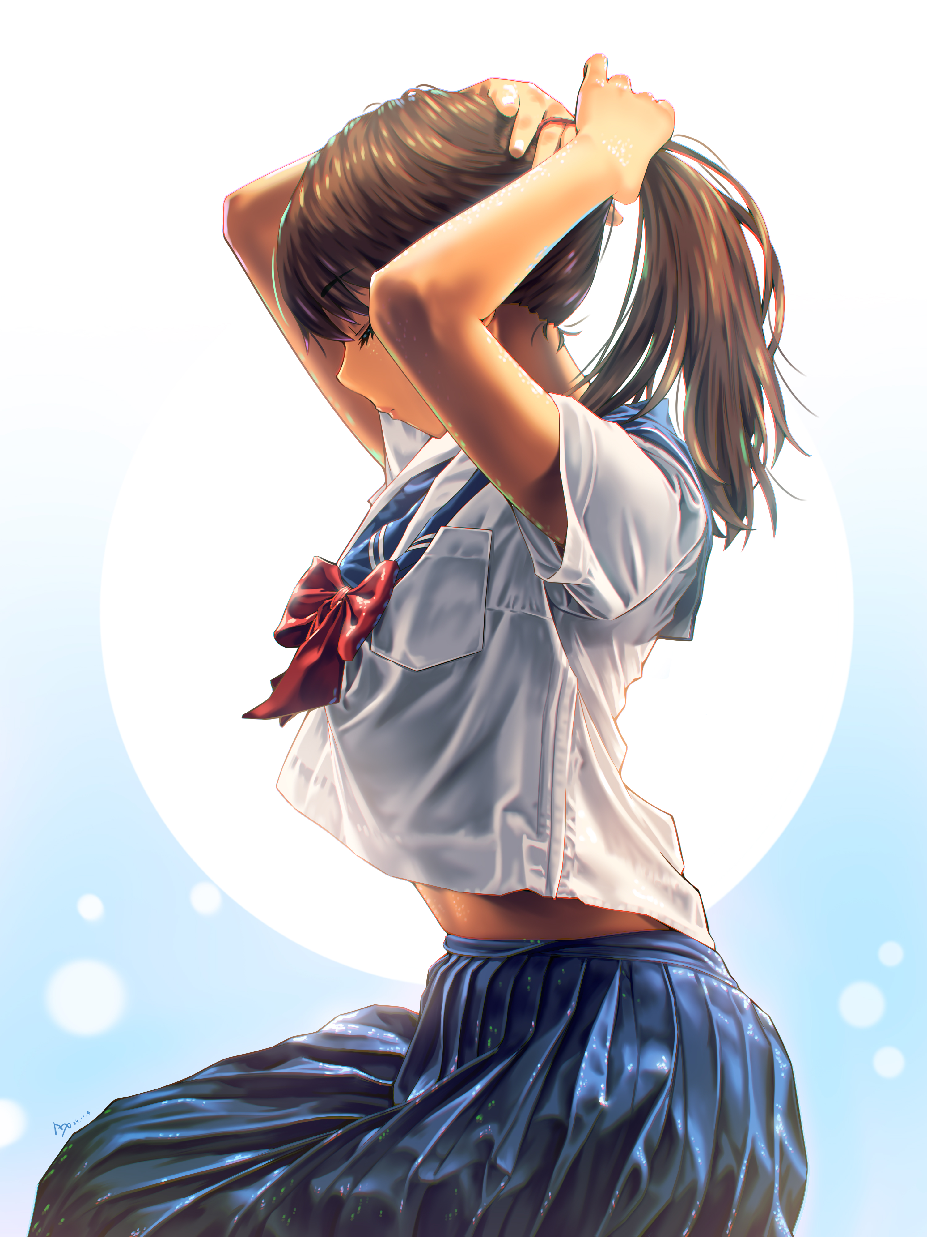 a.x., original, absurdres, highres, 1girl, arms up, blue sailor collar, blue skirt, bow, bowtie, brown hair, closed eyes, hair tie, midriff peek, pleated skirt, ponytail, profile, red bow, red bowtie, sailor collar, school uniform, see-through silhouette, serafuku, shirt, short sleeves, skirt, solo, summer uniform, tying hair, white shirt