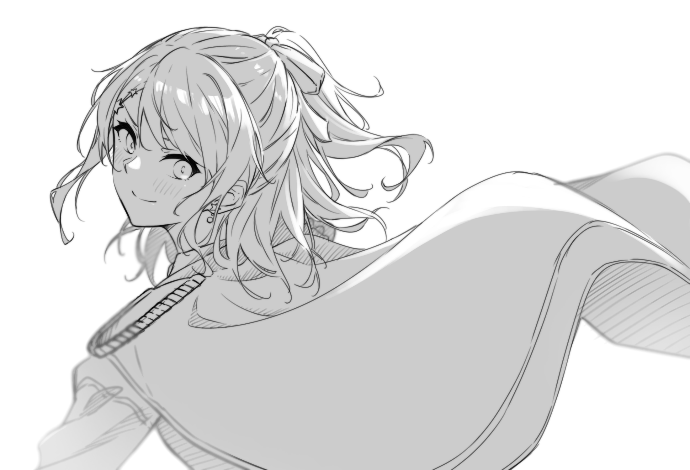 kanade (kanade 3344), toyama kasumi, bang dream!, commentary, highres, 1girl, blush, cape, closed mouth, earrings, greyscale, hair ornament, half updo, jewelry, looking back, monochrome, simple background, solo, star (symbol), star hair ornament, white background