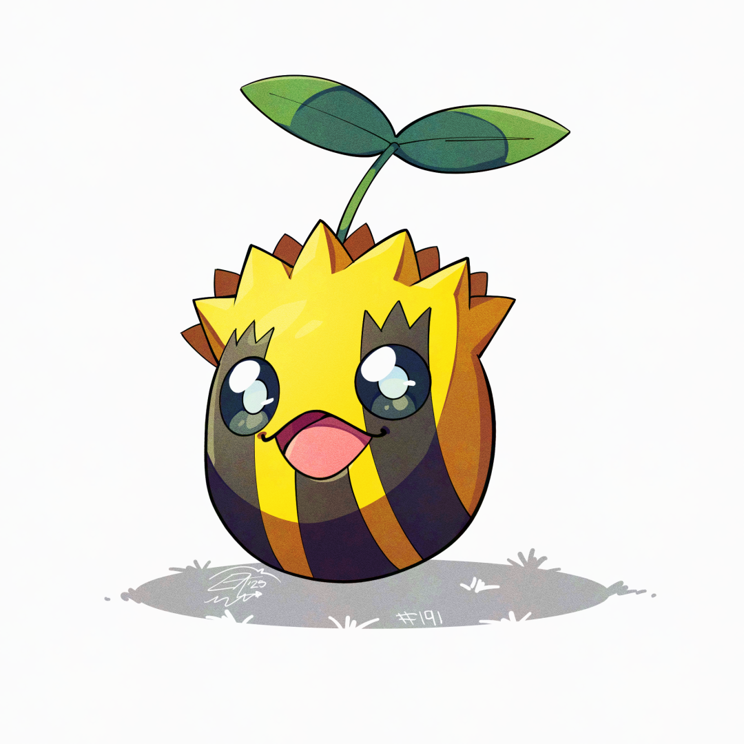 mistray-art, sunkern, nintendo, pokemon, gen 2 pokemon, no humans, open mouth, pokemon (creature), simple background, solo, white background