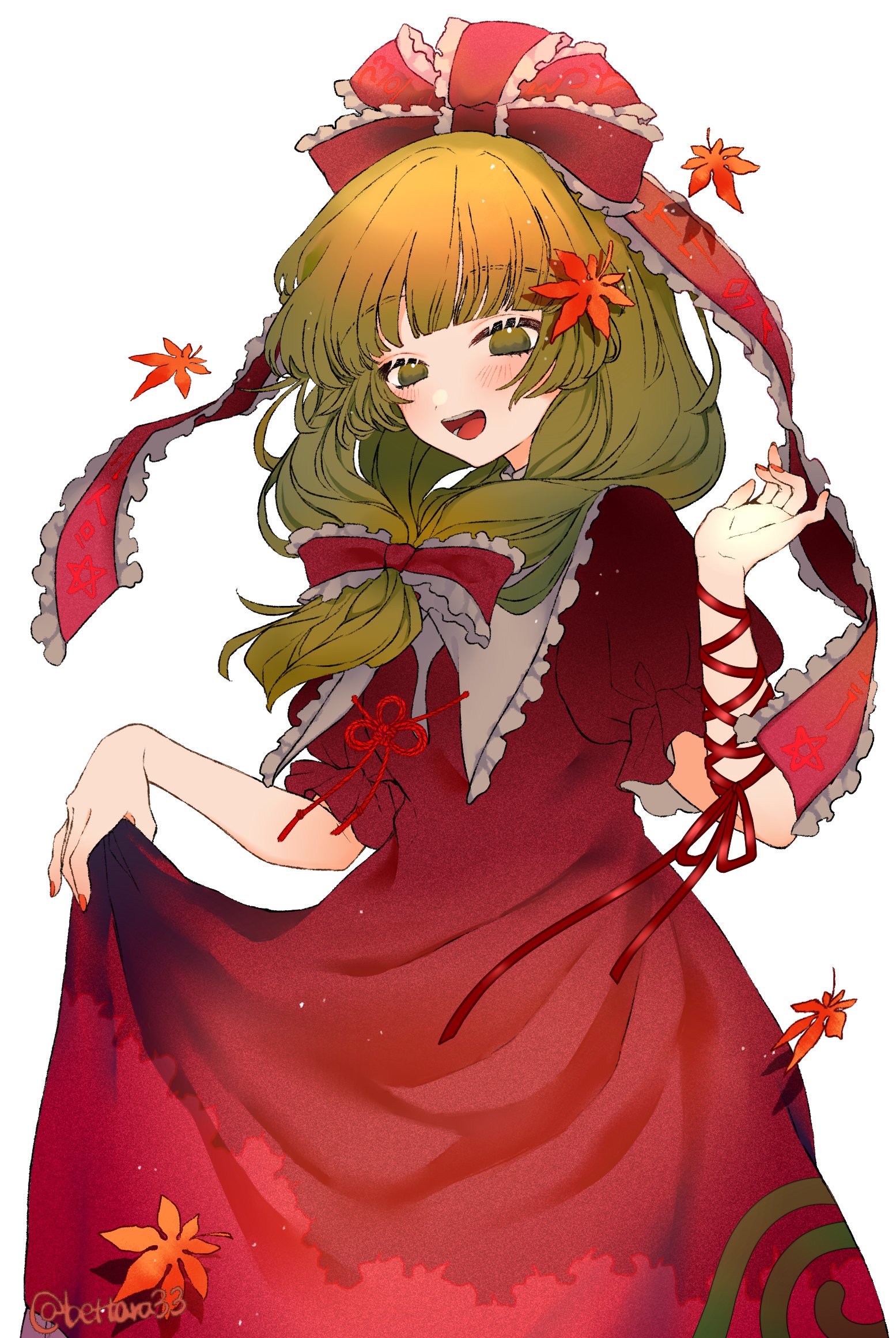 ryuuta (akatukiryoka), kagiyama hina, touhou, highres, 1girl, blunt bangs, bow, clothes lift, dress, dress lift, front ponytail, green eyes, green hair, leaf, maple leaf, open mouth, red bow, red dress, red ribbon, ribbon, simple background, smile, solo, white background