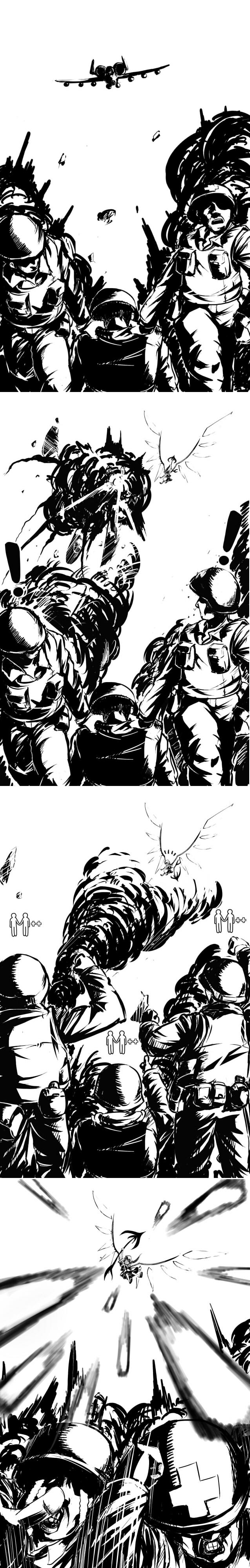 eien no sai tori, flandre scarlet, the sims, touhou, absurdres, bad id, bad pixiv id, highres, long image, tall image, 1girl, 3boys, aircraft, airplane, comic, explosion, greyscale, military, monochrome, multiple boys, parody, silent comic, soldier, war