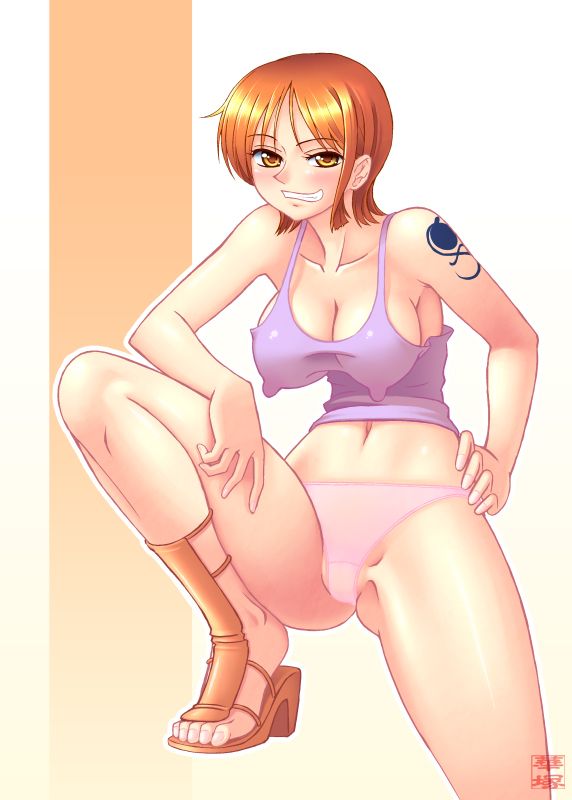 hanazuka ryouji, nami (one piece), one piece, 1girl, blush, breasts, cleavage, covered erect nipples, feet, female focus, grin, high heels, large breasts, midriff, orange eyes, orange hair, panties, pink panties, shoes, short hair, smile, solo, tattoo, underwear