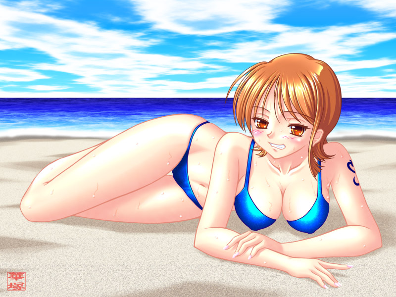hanazuka ryouji, nami (one piece), one piece, 1girl, beach, bikini, blue bikini, blush, breasts, cleavage, collarbone, day, dripping, female focus, grin, lying, ocean, orange eyes, orange hair, outdoors, short hair, smile, solo, swimsuit, tattoo