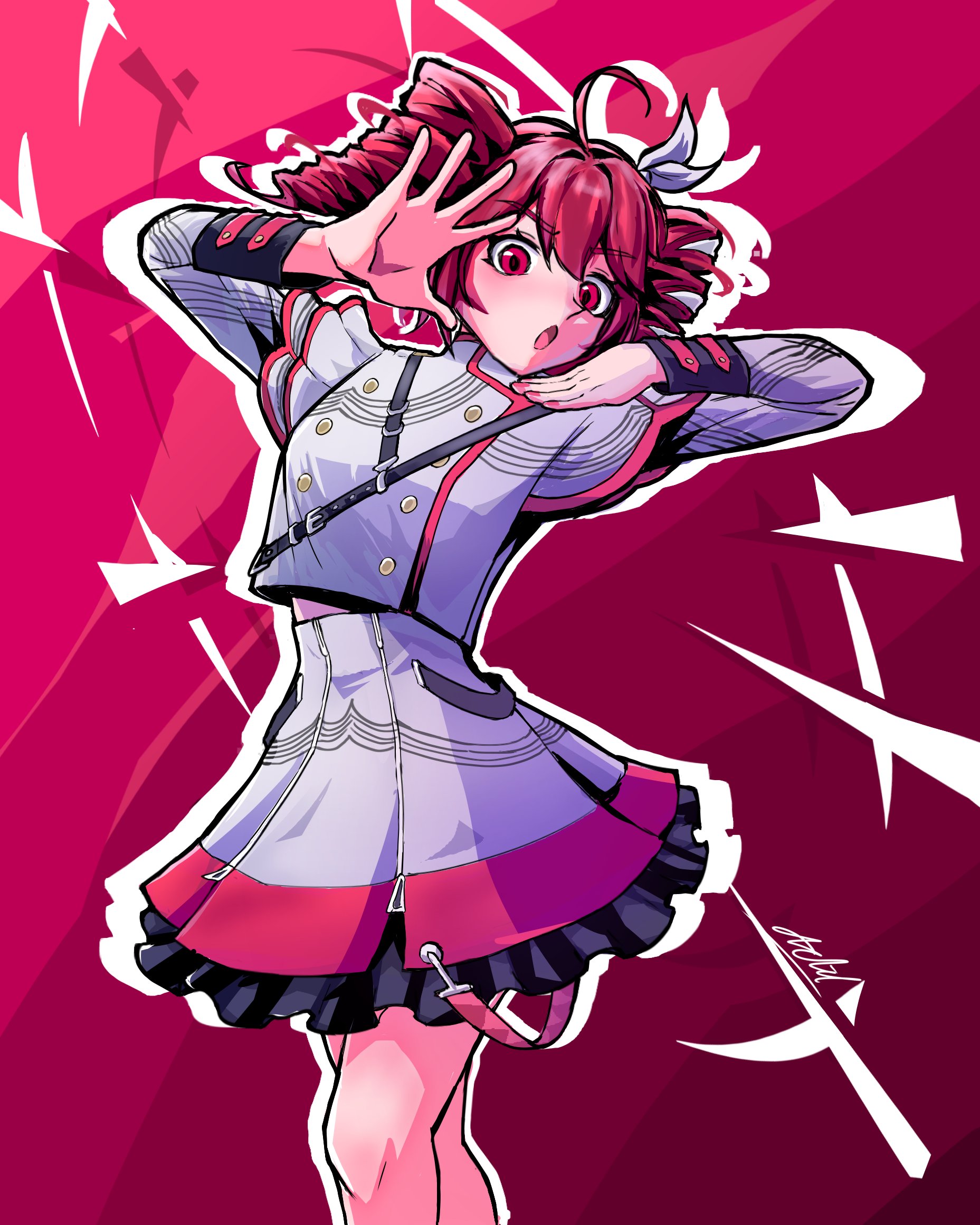 kasane teto, kasane teto (sv), synthesizer v, highres, 1girl, adil wess, ahoge, arms up, buttons, collared dress, double-breasted, dress, drill hair, frilled skirt, frills, grey shirt, grey skirt, hair ribbon, jojo pose, long sleeves, looking at viewer, open mouth, red eyes, red hair, red trim, ribbon, shirt, short hair, skirt, solo, twin drills, white ribbon