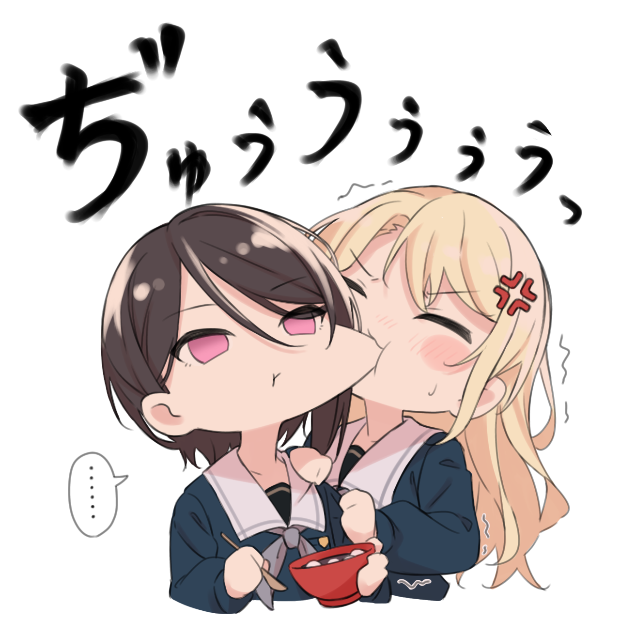 kanade (kanade 3344), kirigaya toko, yashio rui, bang dream!, commentary, highres, 2girls, anger vein, biting, biting cheek, black hair, blonde hair, blue shirt, blush, bowl, closed eyes, closed mouth, grey neckerchief, hair between eyes, heart, holding, holding bowl, holding spoon, long hair, long hair between eyes, long sleeves, multiple girls, neckerchief, purple eyes, school uniform, shirt, short hair, simple background, spoken heart, spoon, trembling, tsukinomori school uniform, white background