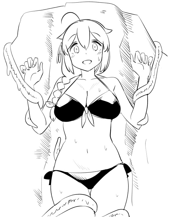 tamu (mad works), shigure (kancolle), shigure kai san (kancolle), kantai collection, 1girl, ahoge, bikini, braid, breasts, cleavage, front-tie bikini top, front-tie top, greyscale, hair flaps, hair over shoulder, large breasts, lowleg, lowleg bikini, monochrome, navel, side-tie bikini bottom, single braid, solo, swimsuit, tentacales, thigh gap