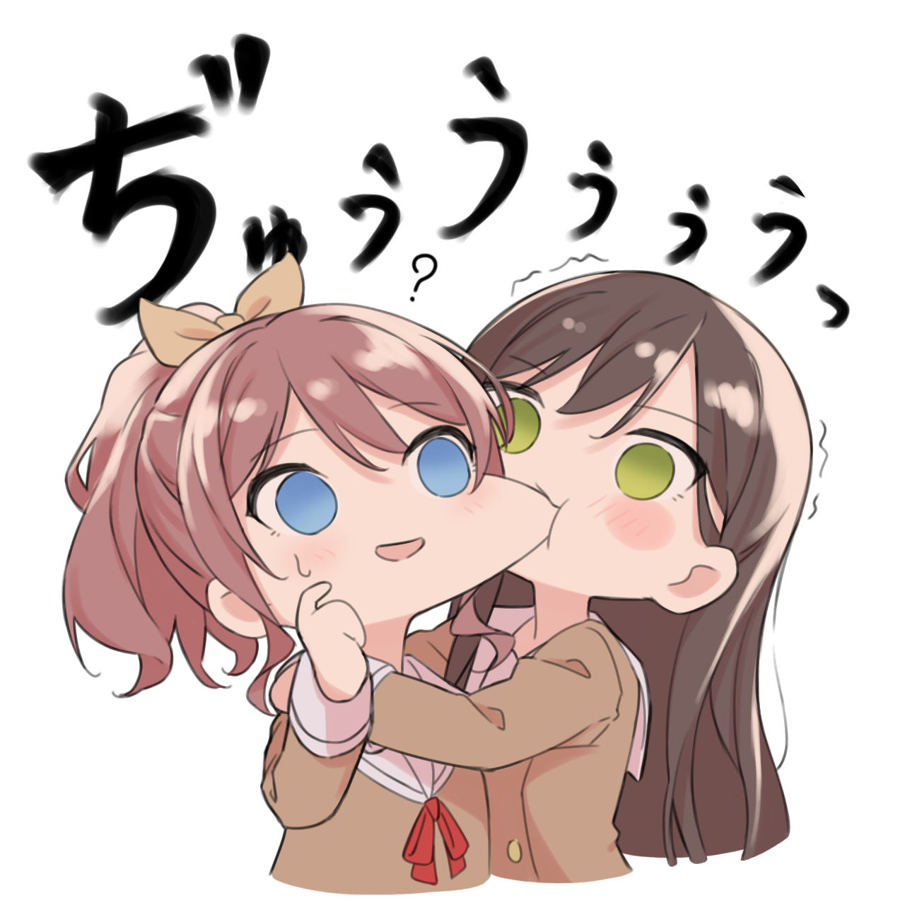 kanade (kanade 3344), hanazono tae, yamabuki saya, bang dream!, commentary, highres, 2girls, ?, biting, biting cheek, black hair, blue eyes, blush, brown hair, green eyes, hair ribbon, half updo, hanasakigawa school uniform, long hair, long sleeves, medium hair, multiple girls, ribbon, sailor collar, school uniform, simple background, trembling, white background, white sailor collar