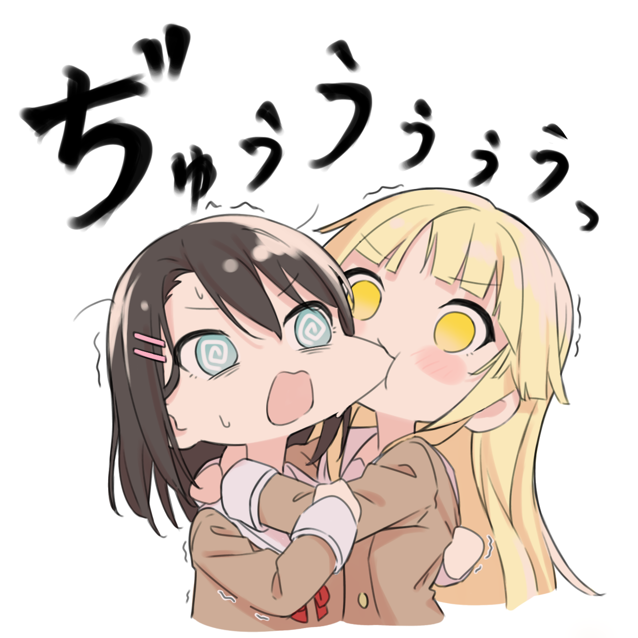 kanade (kanade 3344), okusawa misaki, tsurumaki kokoro, bang dream!, commentary, highres, 2girls, @ @, biting, biting cheek, black hair, blonde hair, blue eyes, blush, brown dress, dress, hair between eyes, hair ornament, hairclip, hanasakigawa school uniform, long hair, long sleeves, medium hair, multiple girls, parallel hairclips, red ribbon, ribbon, sailor collar, sailor dress, school uniform, sweatdrop, trembling, white sailor collar, yellow eyes