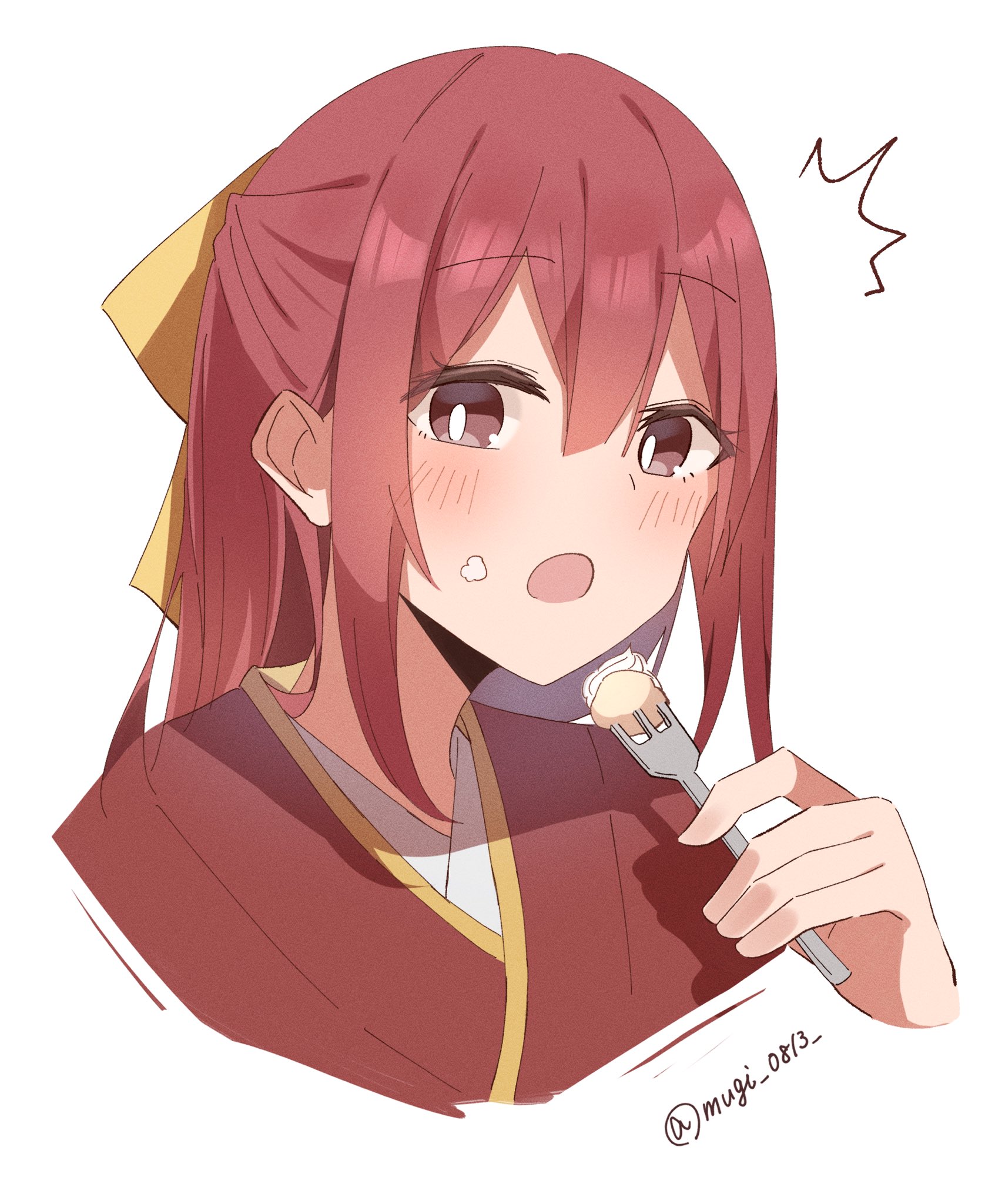 hachino mugi, kamikaze (kancolle), kantai collection, highres, 1girl, ^^^, bow, brown eyes, cake, food, food on face, fork, hair bow, japanese clothes, kimono, looking at viewer, meiji schoolgirl uniform, red hair, red kimono, simple background, solo, upper body, white background