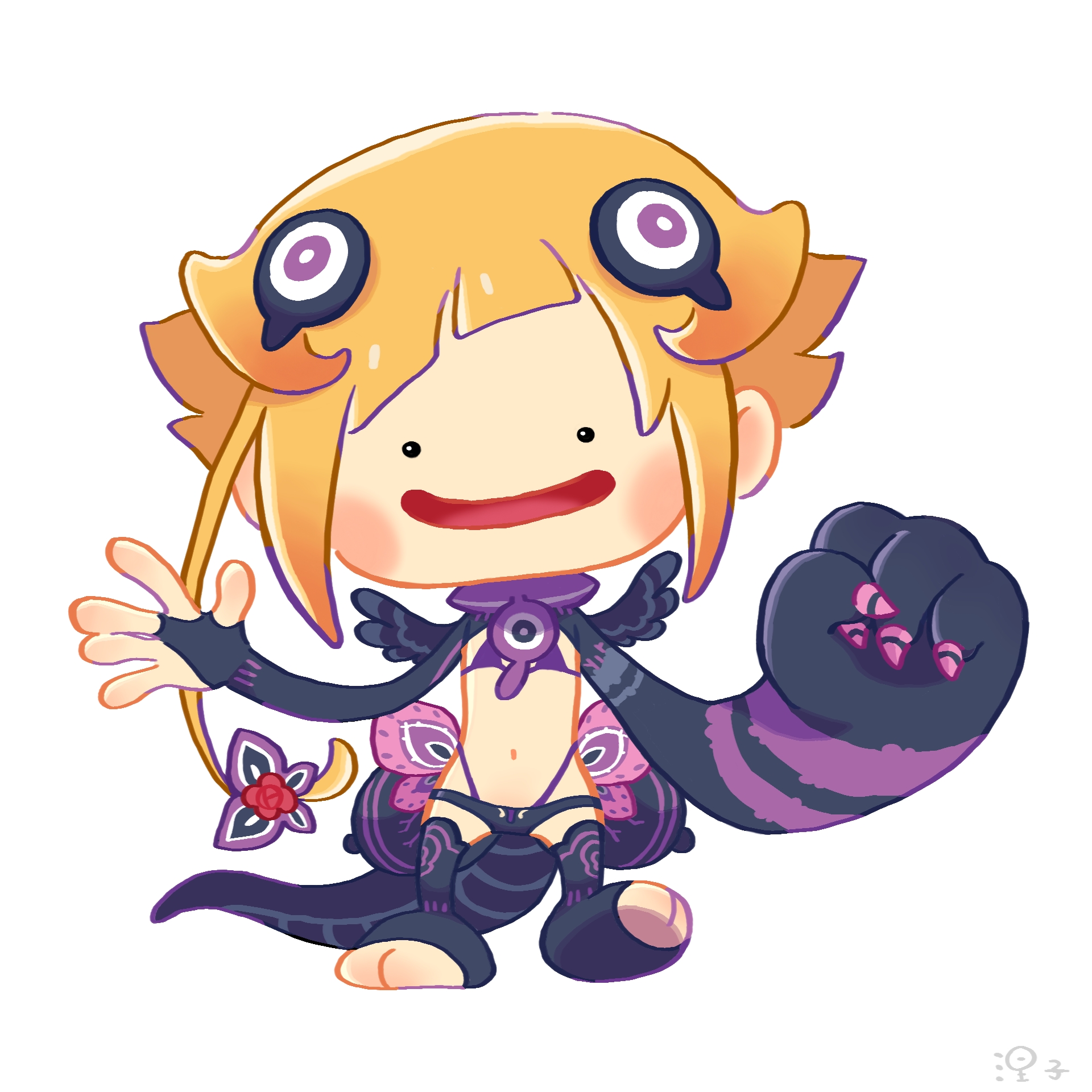 capella emerada lugnica, ditto, transformed ditto, nintendo, pokemon, pokemon pokopia, re:zero kara hajimeru isekai seikatsu, commentary request, highres, . ., 1girl, bikini, black shrug, black thighhighs, blonde hair, blunt bangs, blush stickers, bridal gauntlets, claws, clenched hand, flesh storage bulbs, full body, gen 1 pokemon, giant hand, hair ornament, micro shorts, navel, neko (fumk4324), open mouth, pokemon (creature), purple bikini, short hair, shorts, shrug (clothing), sidelocks, signature, simple background, solo, standing, standing on one leg, swimsuit, tail, thighhighs, white background, wings