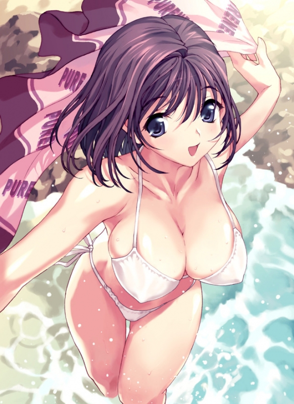 bikini, breasts, cleavage, ocean, smile, swimsuit, towel