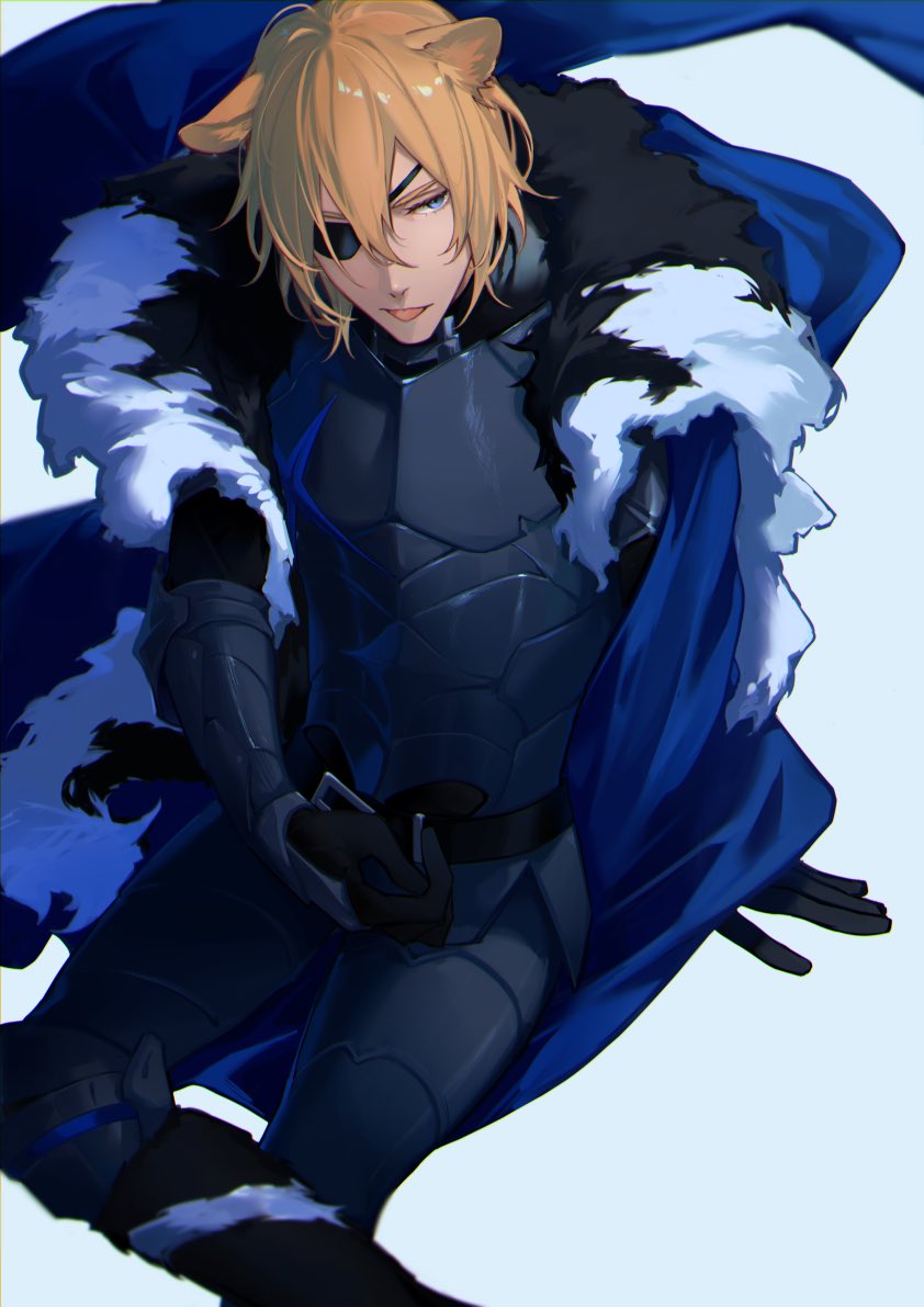 sb (sbixinsky), dimitri alexandre blaiddyd, dimitri alexandre blaiddyd (timeskip), fire emblem, fire emblem: three houses, fire emblem shadows, nintendo, commentary request, 1boy, animal ears, armor, belt, black armor, black belt, black boots, black fur, blonde hair, blue cape, blue eyes, boots, breastplate, cape, dimitri alexandre blaiddyd (blue lion), eyepatch, fur-trimmed boots, fur-trimmed cape, fur trim, invisible chair, kemonomimi mode, lion boy, lion ears, lips, looking to the side, male focus, one eye covered, parted hair, sideways glance, sitting, solo, white background, white fur