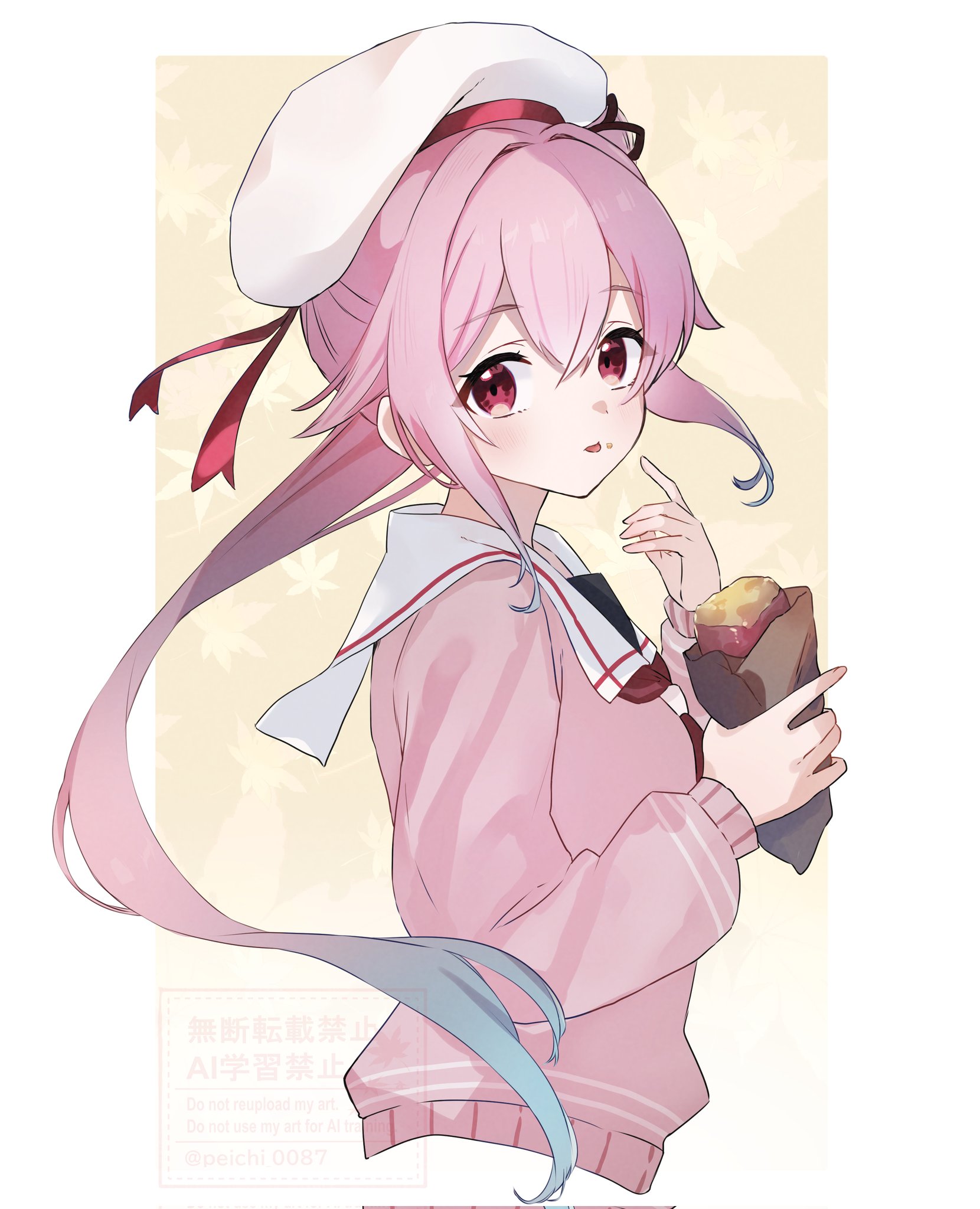 meteor tail28, harusame (autumn) (kancolle), harusame (kancolle), kantai collection, highres, food, gradient hair, grey hair, hair flaps, hat, long hair, looking at viewer, multicolored hair, neckerchief, pink hair, pink sweater, red eyes, red neckerchief, roasted sweet potato, sailor collar, sailor hat, school uniform, serafuku, side ponytail, sweater, sweet potato, upper body, white hat, white sailor collar