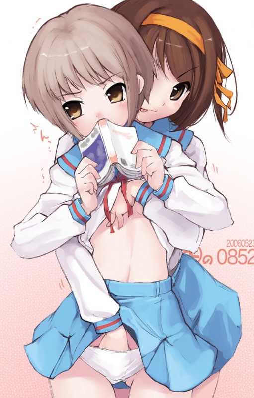 kei jiei, nagato yuki, suzumiya haruhi, suzumiya haruhi no yuuutsu, 2girls, blush, book, fingering, hand in panties, multiple girls, panties, reading, school uniform, skirt, trembling, underwear, yuri