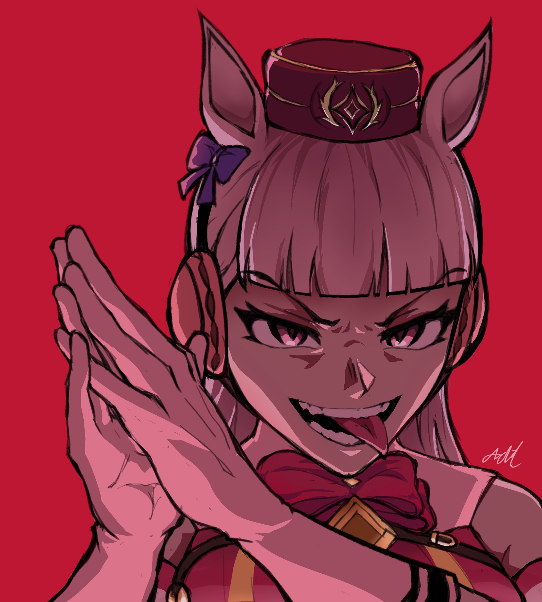 gold ship (red strife) (umamusume), gold ship (umamusume), umamusume, commentary, english commentary, highres, 1girl, adil wess, animal ears, armband, artist name, blue bow, blunt bangs, bow, chest harness, ear bow, earmuffs, furrowed brow, grey eyes, grey hair, hands up, harness, hat, horse ears, horse girl, long hair, meme, own hands together, pillbox hat, red armband, red bow, red hat, signature, sleeveless, smile, solo, tongue, tongue out, white hair, zesty sonic (meme)