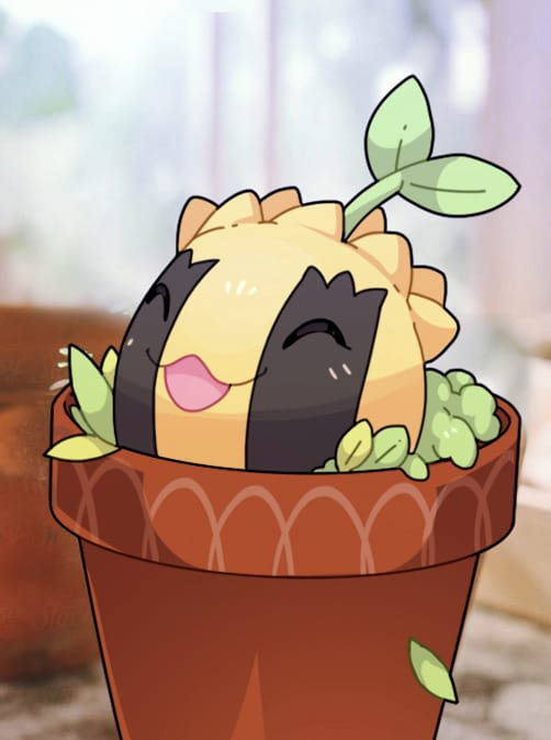 sunkern, nintendo, pokemon, blurry, blurry background, closed eyes, depth of field, gen 2 pokemon, leaf, no humans, open mouth, plant, pokemon (creature), pokemonranch, potted plant, solo