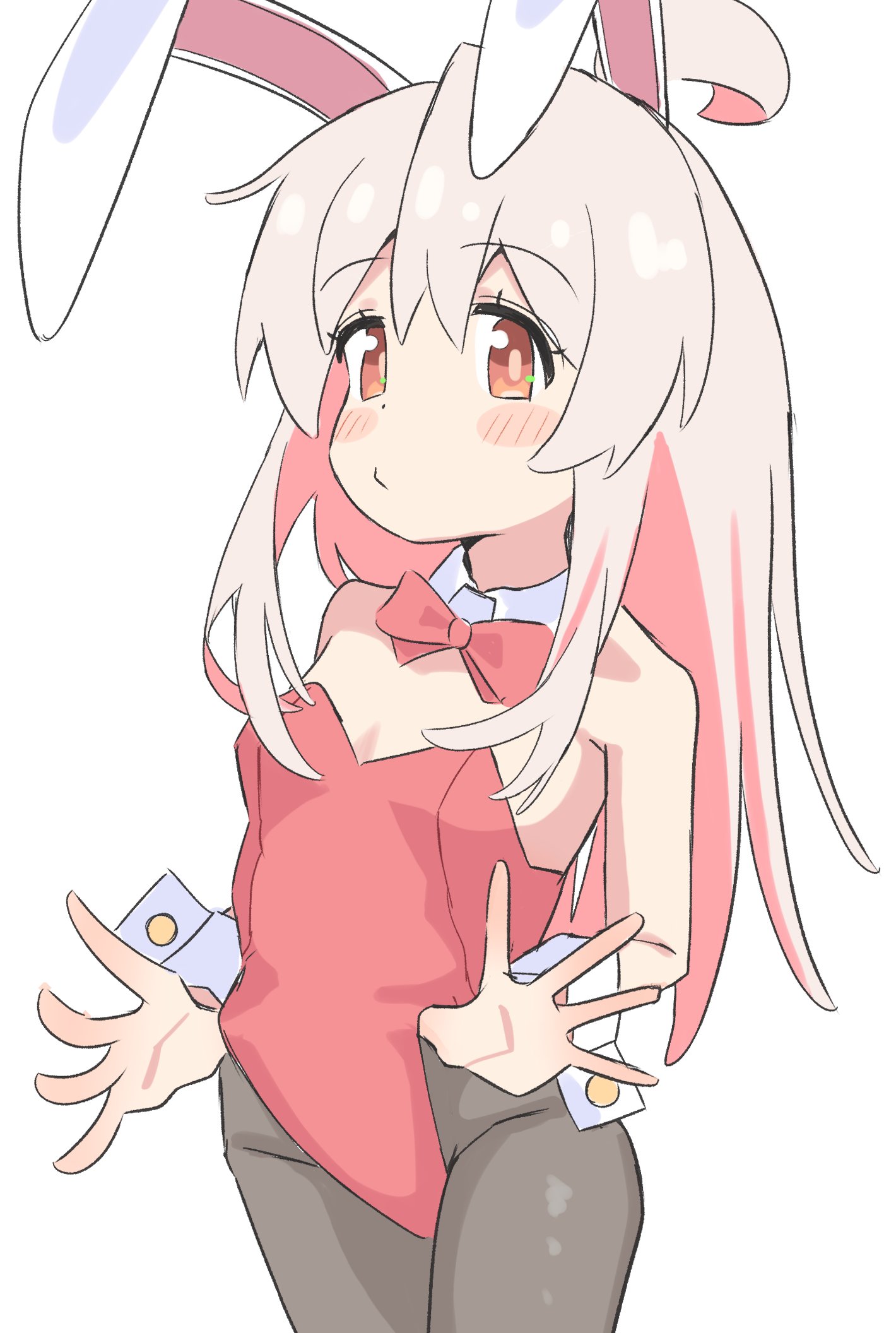 riannn desu, oyama mahiro, onii-chan wa oshimai!, highres, 1girl, ahoge, animal ears, bare arms, bare shoulders, black pantyhose, blush stickers, bow, bowtie, breasts, brown eyes, cowboy shot, detached collar, hair between eyes, leotard, long hair, official alternate costume, pantyhose, pink hair, playboy bunny, pout, rabbit ears, red bow, red bowtie, red leotard, simple background, small breasts, solo, strapless, strapless leotard, white background, wrist cuffs