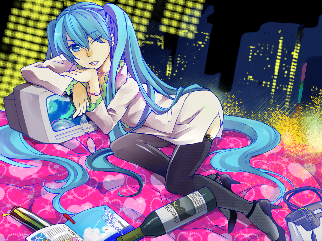 azsio, nn nn, hatsune miku, vocaloid, lights, bad id, bad pixiv id, 1girl, alcohol, bag, blouse, blue eyes, blue hair, city, drink, female focus, fishnets, formal clothes, glasses, handbag, high heels, lipstick, long hair, makeup, matching hair/eyes, one eye closed, shirt, shoes, skirt, solo, suit, television, thighhighs, twintails, very long hair, wine, wink