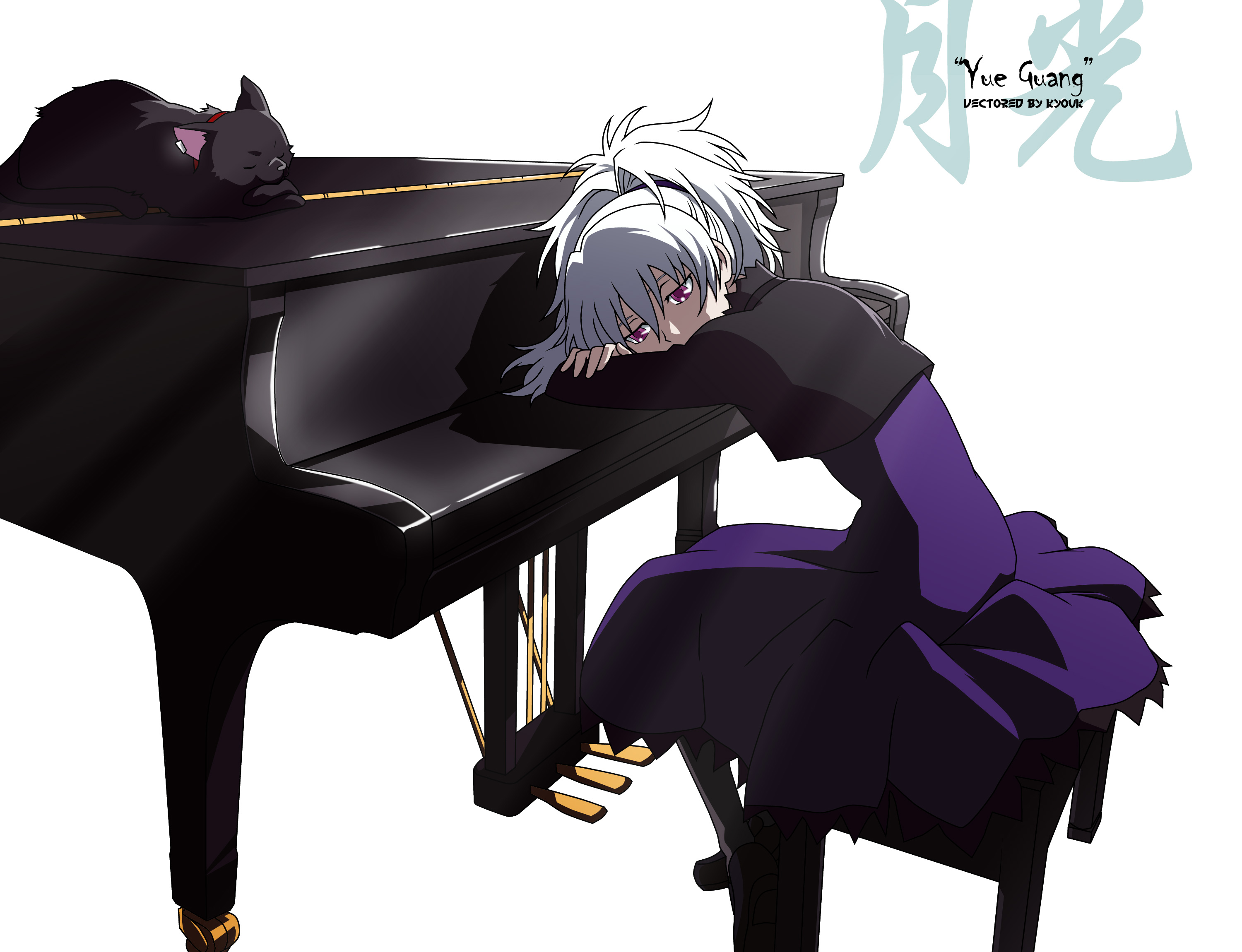 mao (darker than black), yin (darker than black), darker than black, silver hair, highres, 00s, 1girl, dress, female focus, gothic lolita, grand piano, instrument, lolita fashion, pantyhose, piano, piano bench, purple dress, solo