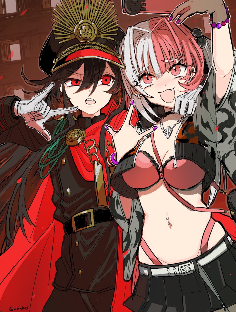 uhana, matsunaga hitsuhide (fate), oda nobunaga (fate), oda nobunaga (koha-ace), fate/grand order, fate (series), 2girls, black hair, gloves, holding, holding phone, jacket, multicolored hair, multiple girls, navel piercing, open clothes, open jacket, open mouth, phone, piercing, purple nails, red eyes, selfie, smile, two-tone hair, white gloves, white hair