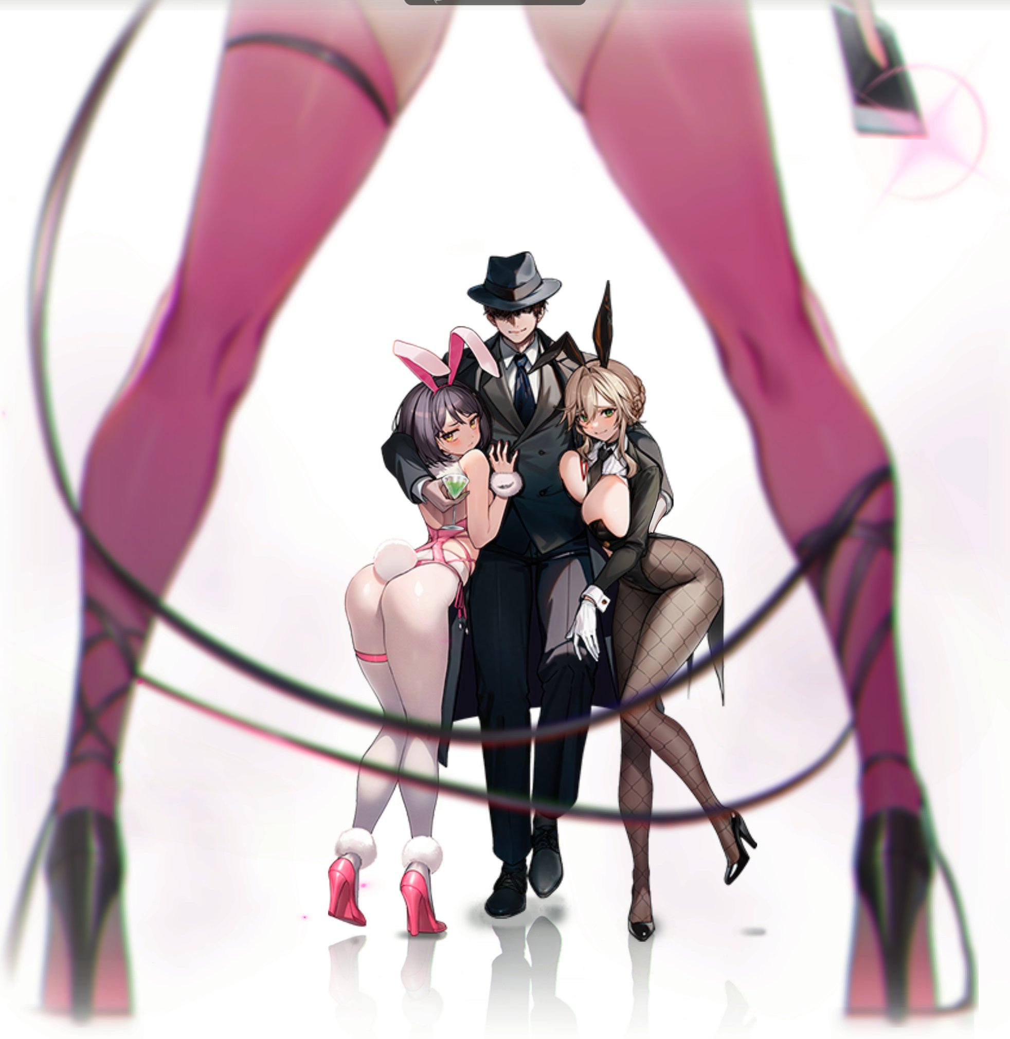 jam (nandade), ade (agent bunny) (nikke), ade (nikke), commander (nikke), milk (blooming bunny) (nikke), milk (nikke), velvet (nikke), goddess of victory: nikke, game cg, highres, official art, animal ear hairband, animal ears, black leotard, black necktie, blonde hair, blurry, braid, breasts, bun with braided base, coat, cocktail glass, cup, depth of field, drinking glass, fake animal ears, fishnet pantyhose, fishnets, formal clothes, gloves, grey hair, hair between eyes, hairband, high heels, hug, large breasts, leotard, movie reference, necktie, official alternate costume, pantyhose, pink leotard, playboy bunny, rabbit ear hairband, rabbit ears, rabbit tail, suit, tail, trench coat, white gloves, white pantyhose