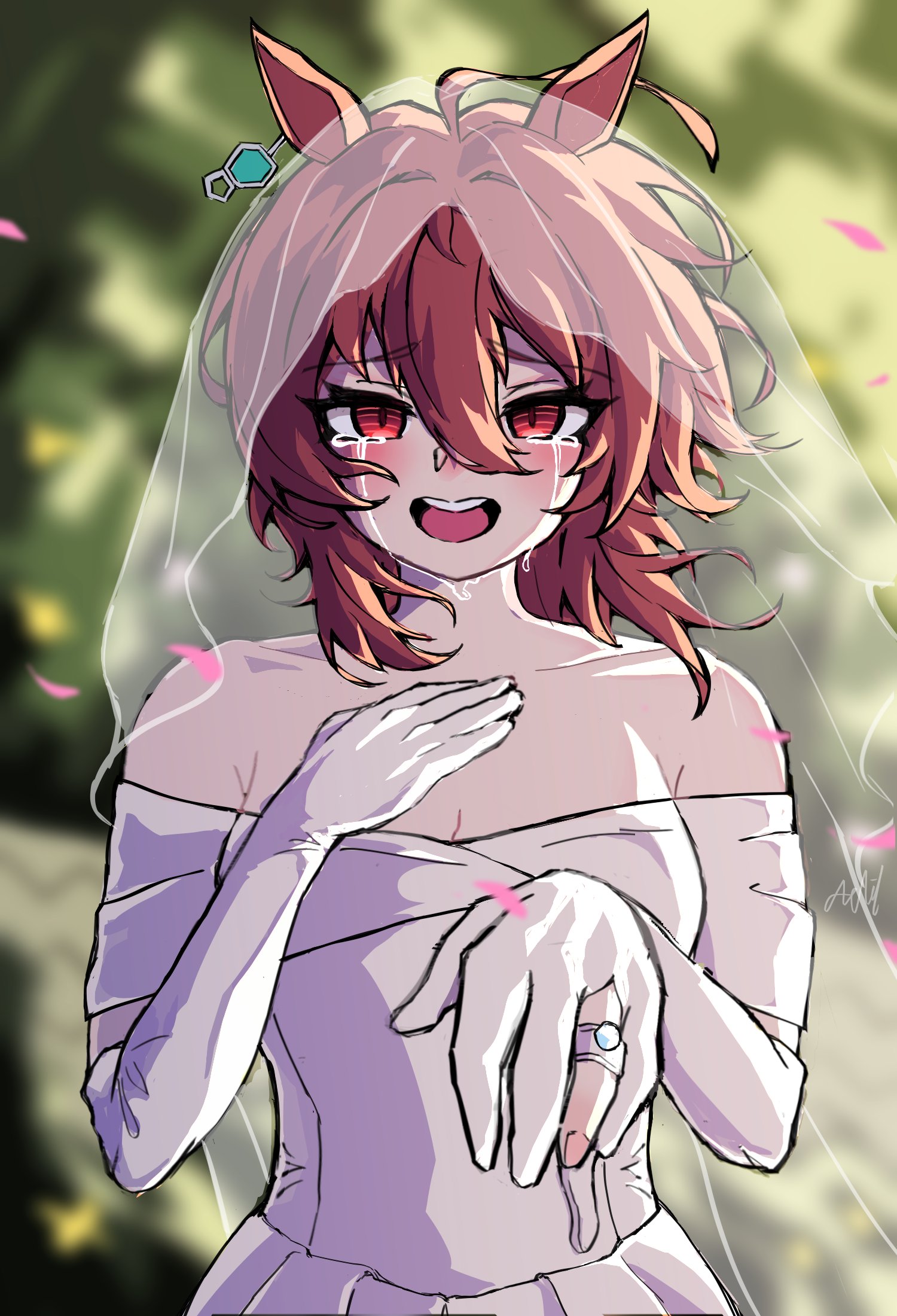 agnes tachyon (umamusume), umamusume, highres, 1girl, adil wess, ahoge, animal ears, bare shoulders, blue hair, breasts, bridal gauntlets, chemical structure, cleavage, collarbone, crying, crying with eyes open, dress, ear ornament, earrings, floating hair, hair between eyes, hand on own chest, hands up, horse ears, horse girl, jewelry, long sleeves, looking at viewer, maid headdress, medium breasts, off-shoulder dress, off shoulder, open mouth, red eyes, ring, see-through clothes, see-through veil, single earring, solo, streaming tears, tears, teeth, upper teeth only, veil, wedding dress, white bridal gauntlets, white dress, white veil