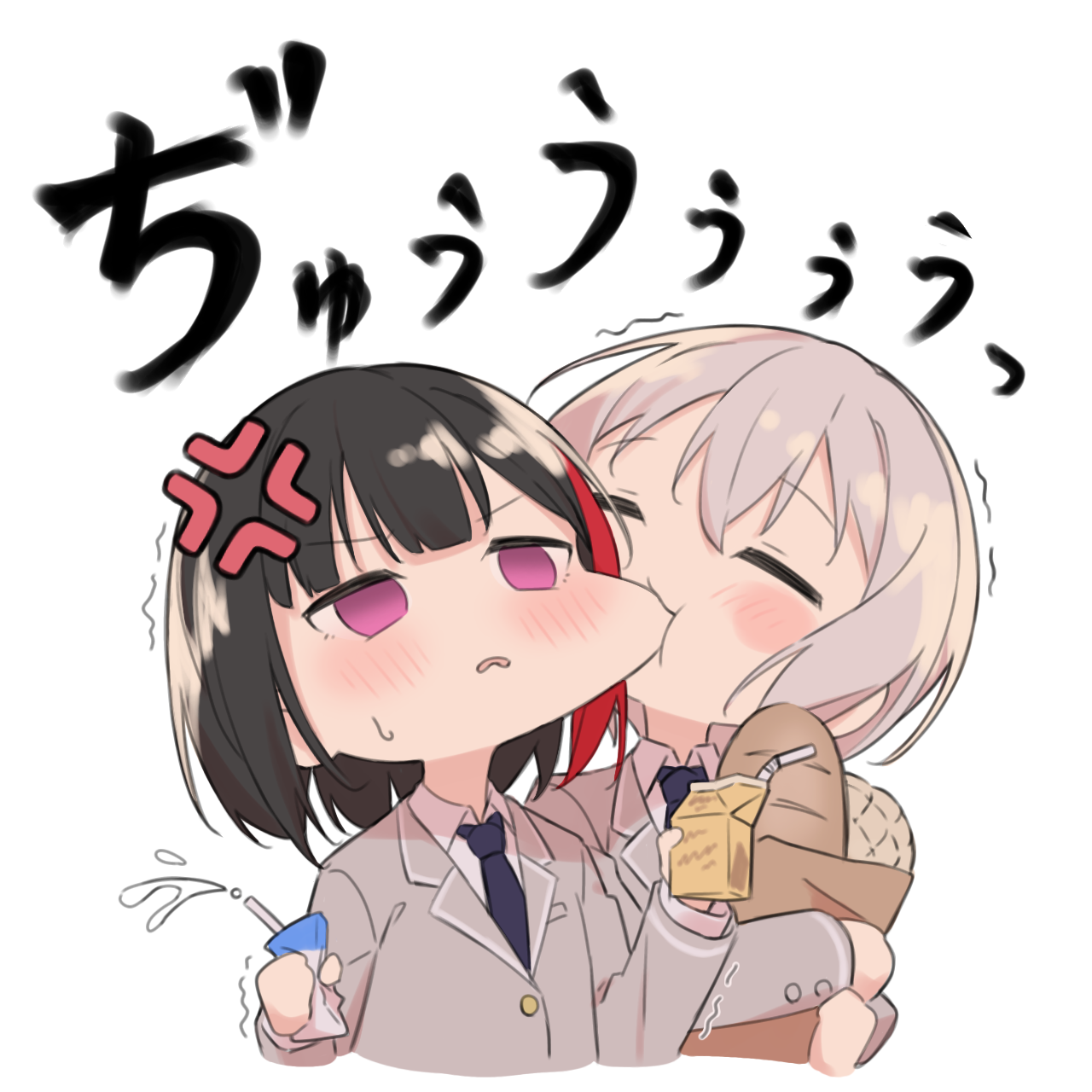 kanade (kanade 3344), aoba moca, mitake ran, bang dream!, commentary, highres, 2girls, = =, anger vein, black hair, blue necktie, blush, bread, chibi, drinking straw, food, grey hair, grey jacket, haneoka school uniform, holding carton, jacket, long sleeves, multiple girls, necktie, purple eyes, red streaks, school uniform, short hair, simple background, trembling, white background