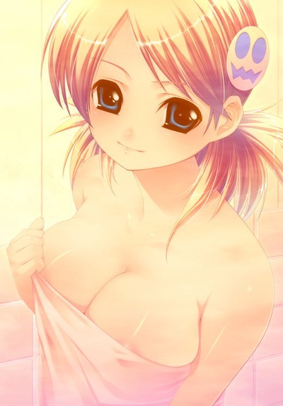 sasamori karin, to heart (series), to heart 2, 00s, areola slip, bathroom, blush, breasts, naked towel, nipple slip, nipples, smile, towel