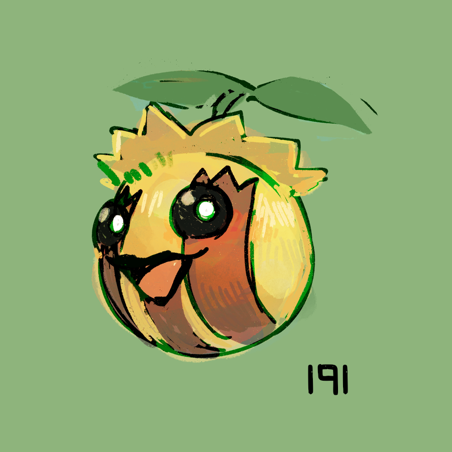 kurapixel, sunkern, nintendo, pokemon, gen 2 pokemon, green background, no humans, numbered, open mouth, pokemon (creature), simple background, solo