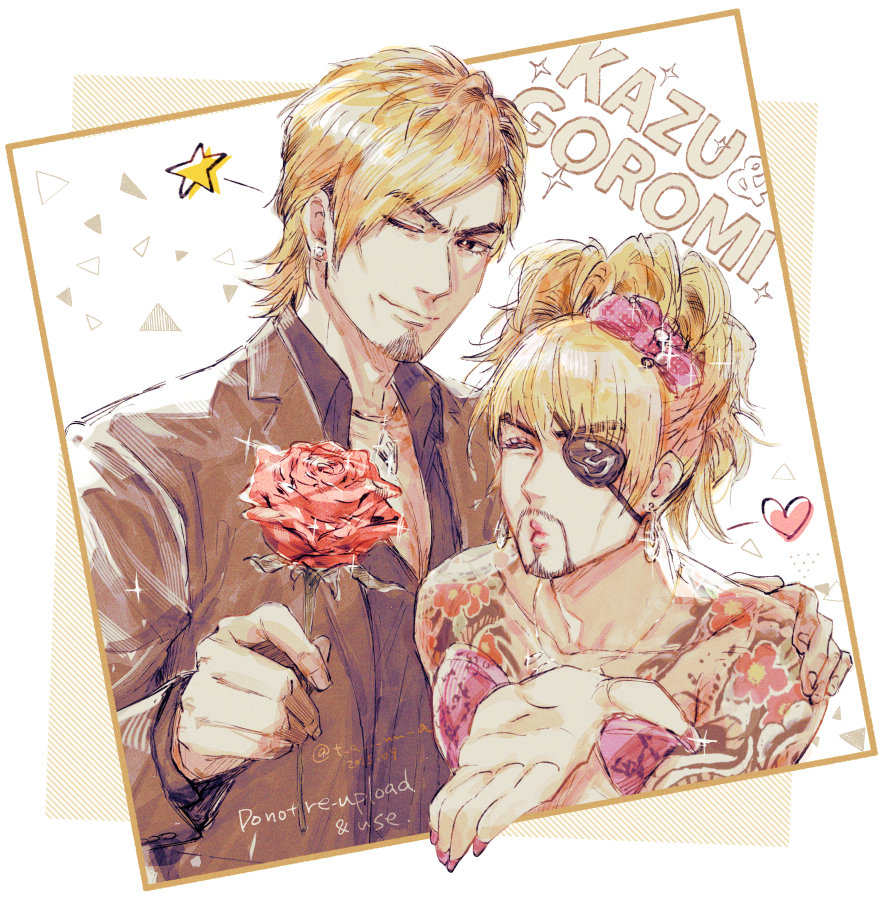 ta sa, goromi, kiryu kazuma, majima goro, ryuu ga gotoku (series), ryuu ga gotoku 3, ^ ^, bare shoulders, blonde hair, blowing kiss, character name, closed eyes, crossdressing, crossdressing (mtf), earrings, eyepatch, facial hair, flower, goatee, hand on another's shoulder, holding, holding flower, irezumi, jewelry, looking at viewer, male focus, one eye closed, pink nails, red flower, red rose, rose, ryuu ga gotoku kiwami 3, short hair, tattoo, wig