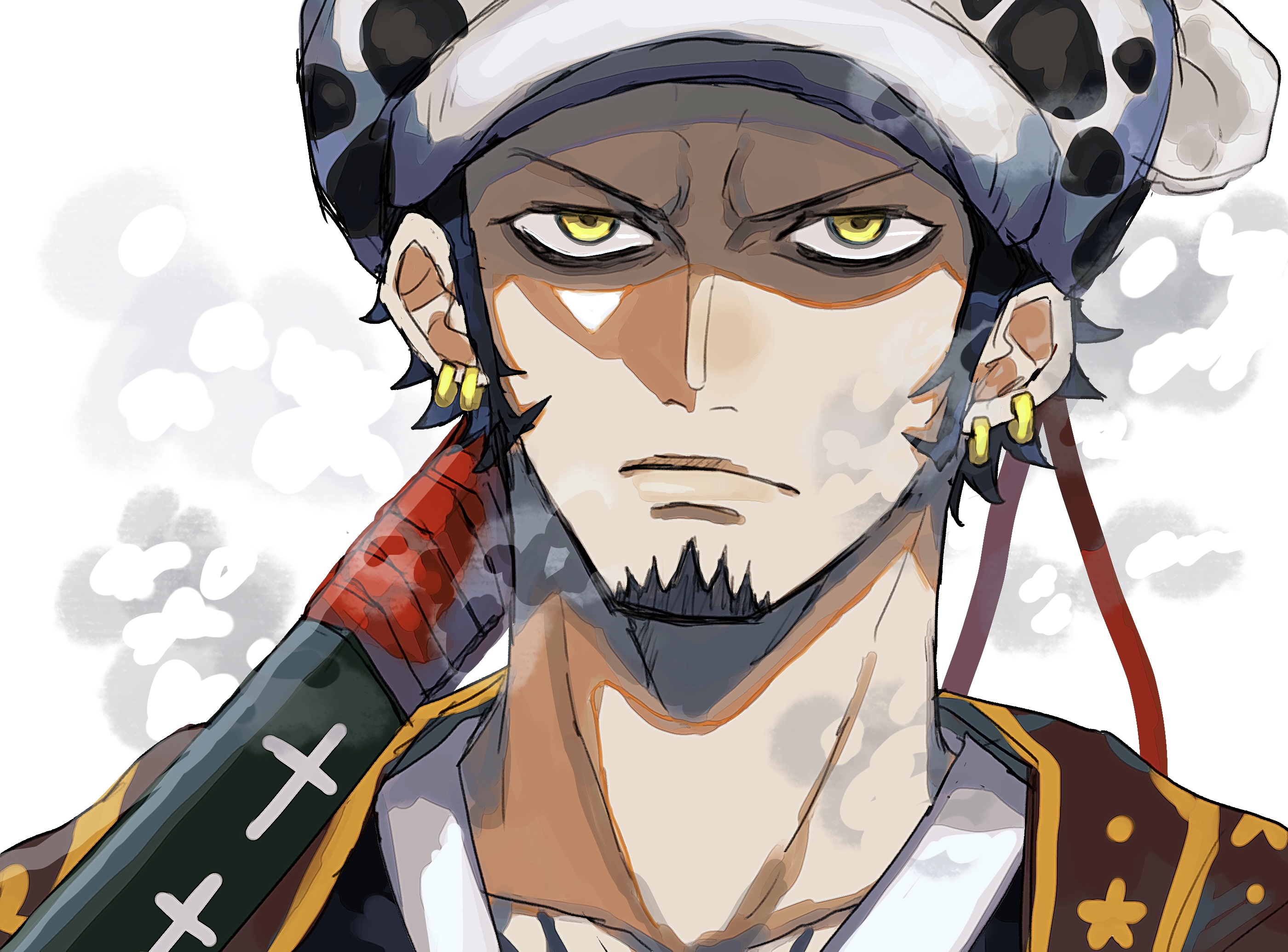 a00xm, trafalgar law, one piece, commentary request, highres, 1boy, closed mouth, collared shirt, expressionless, facial hair, goatee, hat, long sideburns, male focus, over shoulder, shaded face, shirt, sideburns, solo, sword, sword over shoulder, upper body, weapon, weapon over shoulder, white background, white hat, yellow eyes
