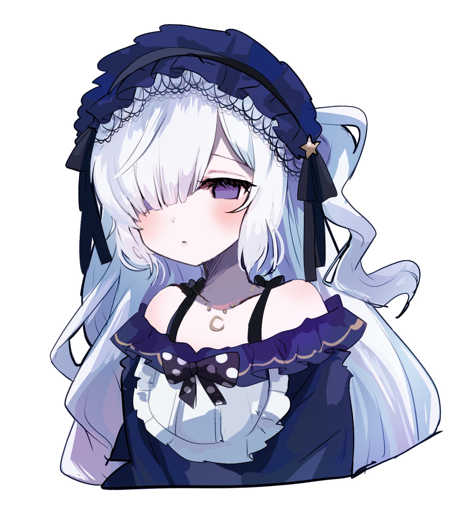 dodotsuki, natsume anan, mahou shoujo no majo saiban, highres, 1girl, bare shoulders, bow, crescent, crescent necklace, dress, empty eyes, gothic lolita, hair over one eye, hairband, headband, jewelry, lolita fashion, lolita hairband, long hair, necklace, polka dot, polka dot bow, purple dress, purple eyes, purple headband, simple background, solo, very long hair, white background, white hair