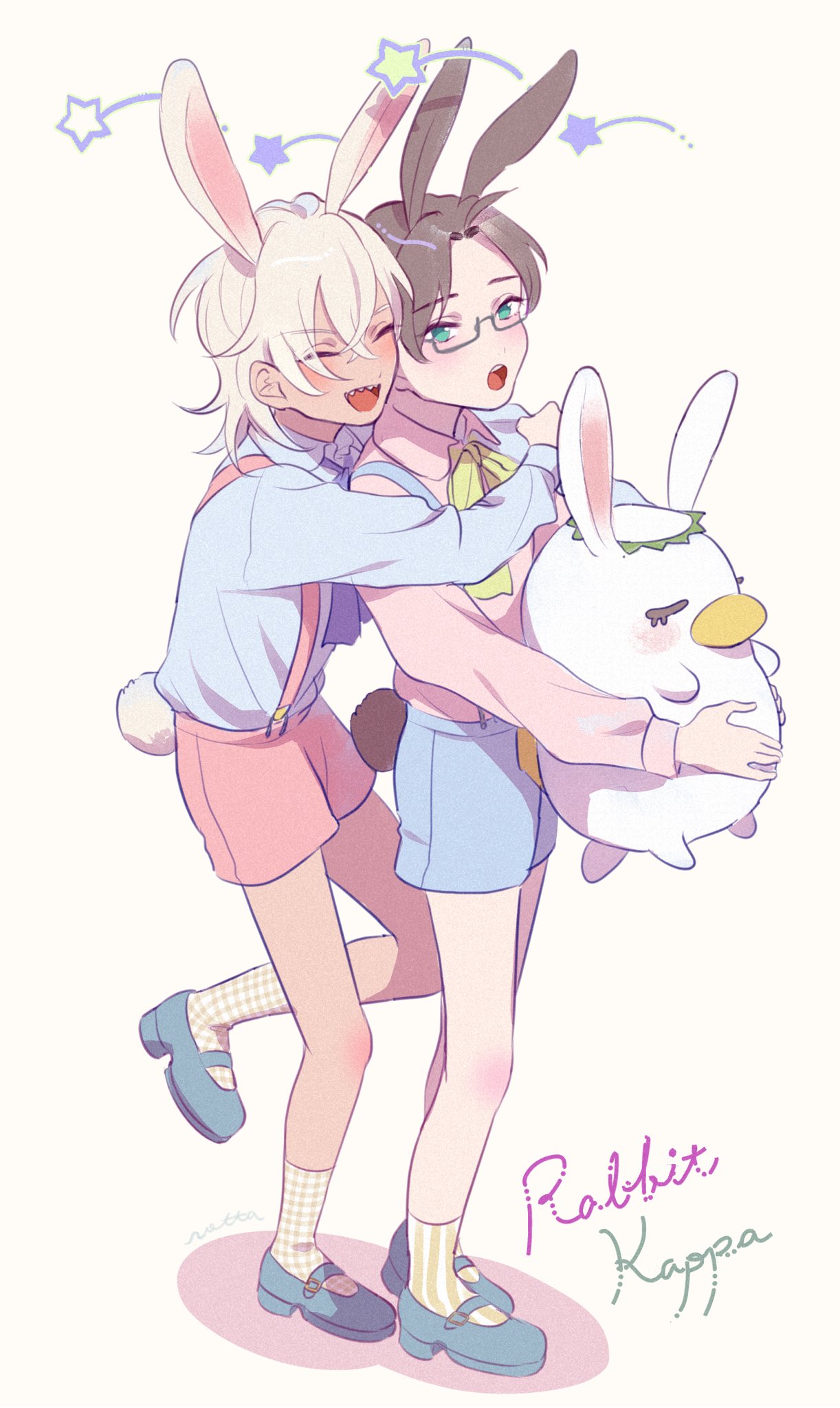 akutsu mabu, keppi, niiboshi reo, sarazanmai, highres, 2boys, aged down, animal ears, blue shirt, blue shoes, brown hair, closed eyes, english text, full body, green eyes, holding, hug, kappa, kemonomimi mode, long sleeves, male focus, mary janes, multiple boys, open mouth, pink shirt, pink shorts, rabbit ears, rabbit tail, rectangular eyewear, shaaark rotta03, sharp teeth, shirt, shoes, short hair, shorts, simple background, socks, star (symbol), suspenders, tail, tan, teeth