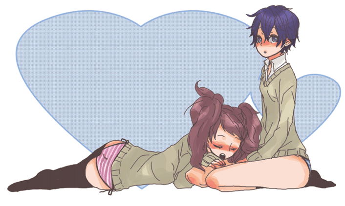 ten, ten (ch), kujikawa rise, shirogane naoto, atlus, persona, persona 4, bad id, bad pixiv id, 2girls, blue hair, blush, multiple girls, panties, side-tie panties, striped clothes, striped panties, sweater, thighhighs, twintails, underwear