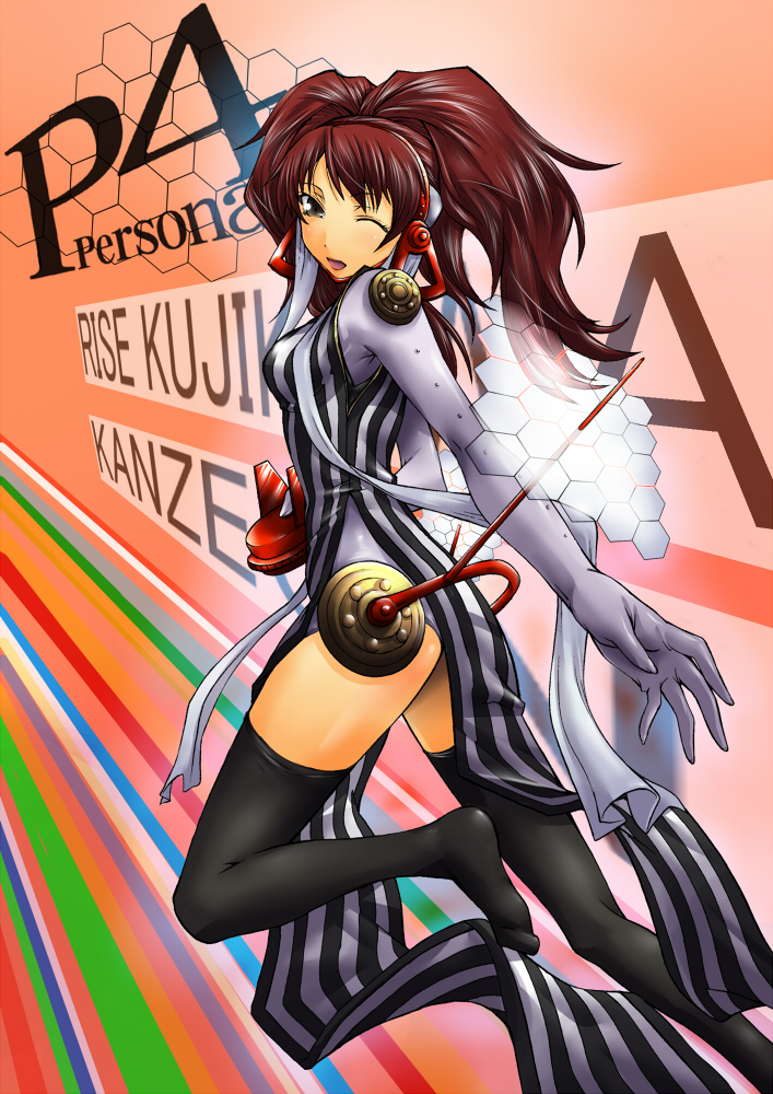 segami daisuke, kanzeon (persona 4), kujikawa rise, atlus, persona, persona 4, 1girl, brown eyes, cosplay, dress, headset, kanzeon (persona 4) (cosplay), long sleeves, one eye closed, red hair, thighhighs, twintails, wink