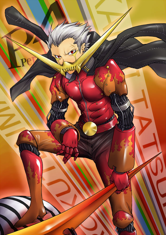 segami daisuke, rokuten mao, tatsumi kanji, atlus, persona, persona 4, silver hair, 1boy, belt, boots, cosplay, ear piercing, male focus, piercing, red eyes, rokuten mao (cosplay), scar, solo