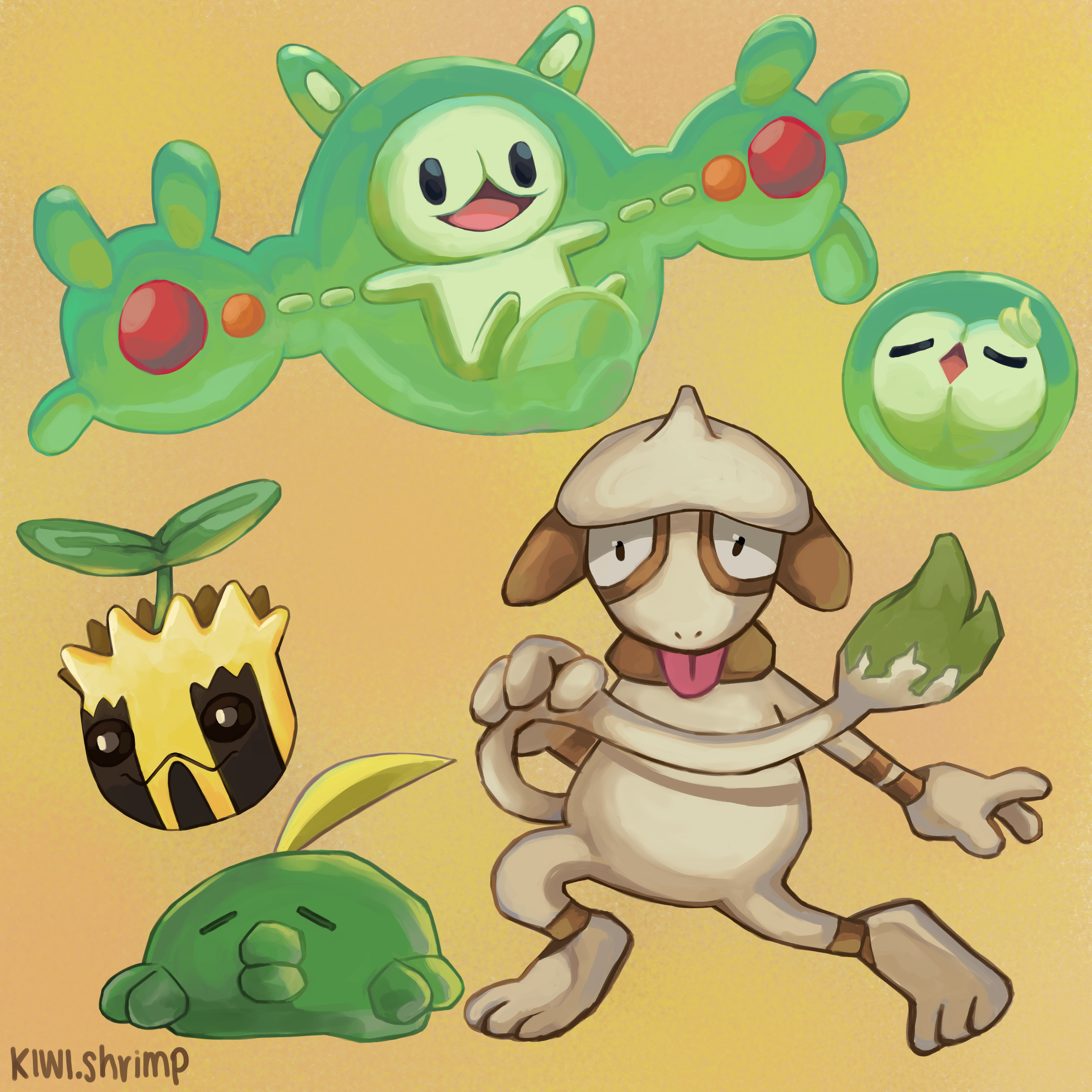 gulpin, smeargle, solosis, sunkern, nintendo, pokemon, absurdres, highres, artist name, brown fur, gen 2 pokemon, gen 3 pokemon, gen 5 pokemon, gradient background, kiwishrimp, looking at viewer, open mouth, pokemon (creature), tail, tongue, tongue out, yellow background