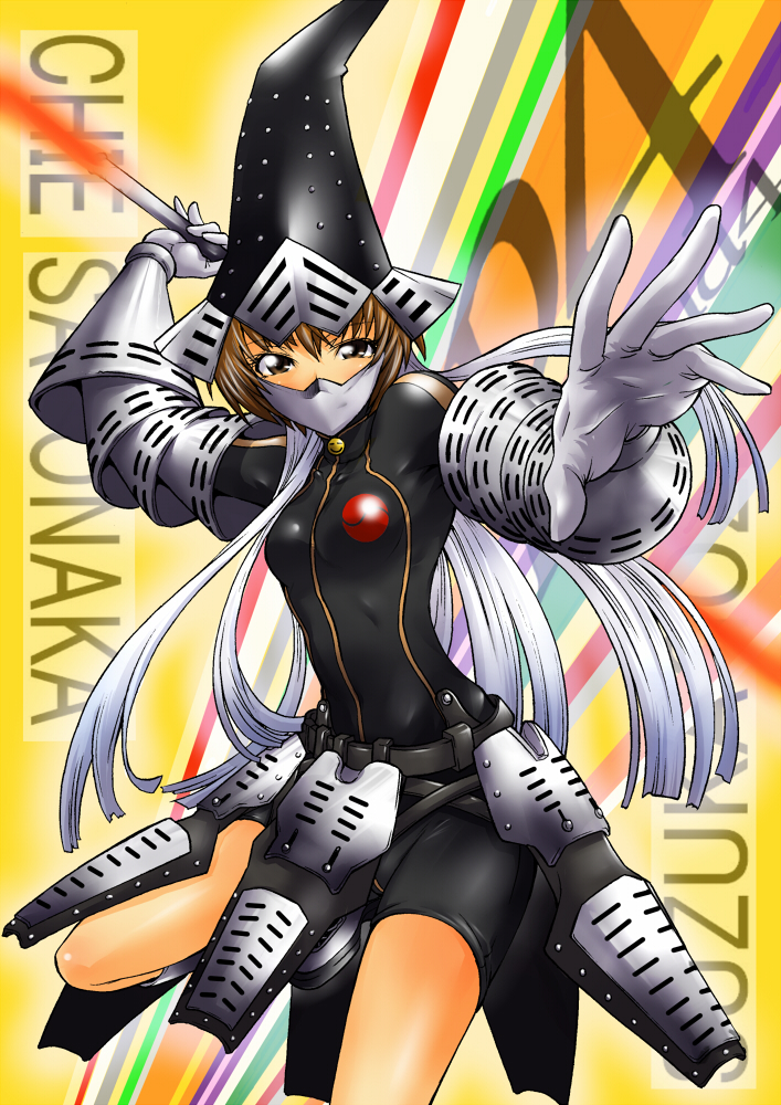 segami daisuke, satonaka chie, suzuka gongen, atlus, persona, persona 4, 1girl, armor, bodysuit, brown eyes, cosplay, faulds, female focus, gloves, japanese clothes, mask, multicolored hair, solo, suzuka gongen (cosplay), suzuke gougen, vambraces