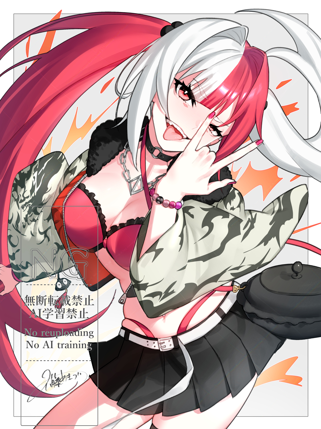 rokufuji m, matsunaga hitsuhide (fate), fate/grand order, fate (series), highres, 1girl, belt, black choker, black skirt, bra, breasts, choker, cropped jacket, jacket, looking at viewer, miniskirt, multicolored hair, open clothes, open jacket, red bra, red eyes, red hair, skirt, smile, solo, thigh strap, tongue, tongue out, twintails, two-tone hair, underwear, white belt, white hair