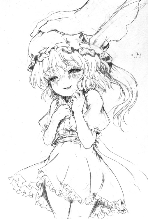 katzeh, flandre scarlet, touhou, traditional media, 1girl, blush, female focus, greyscale, hat, head pat, headpat, mob cap, monochrome, petite, side ponytail, sketch, smile, solo focus